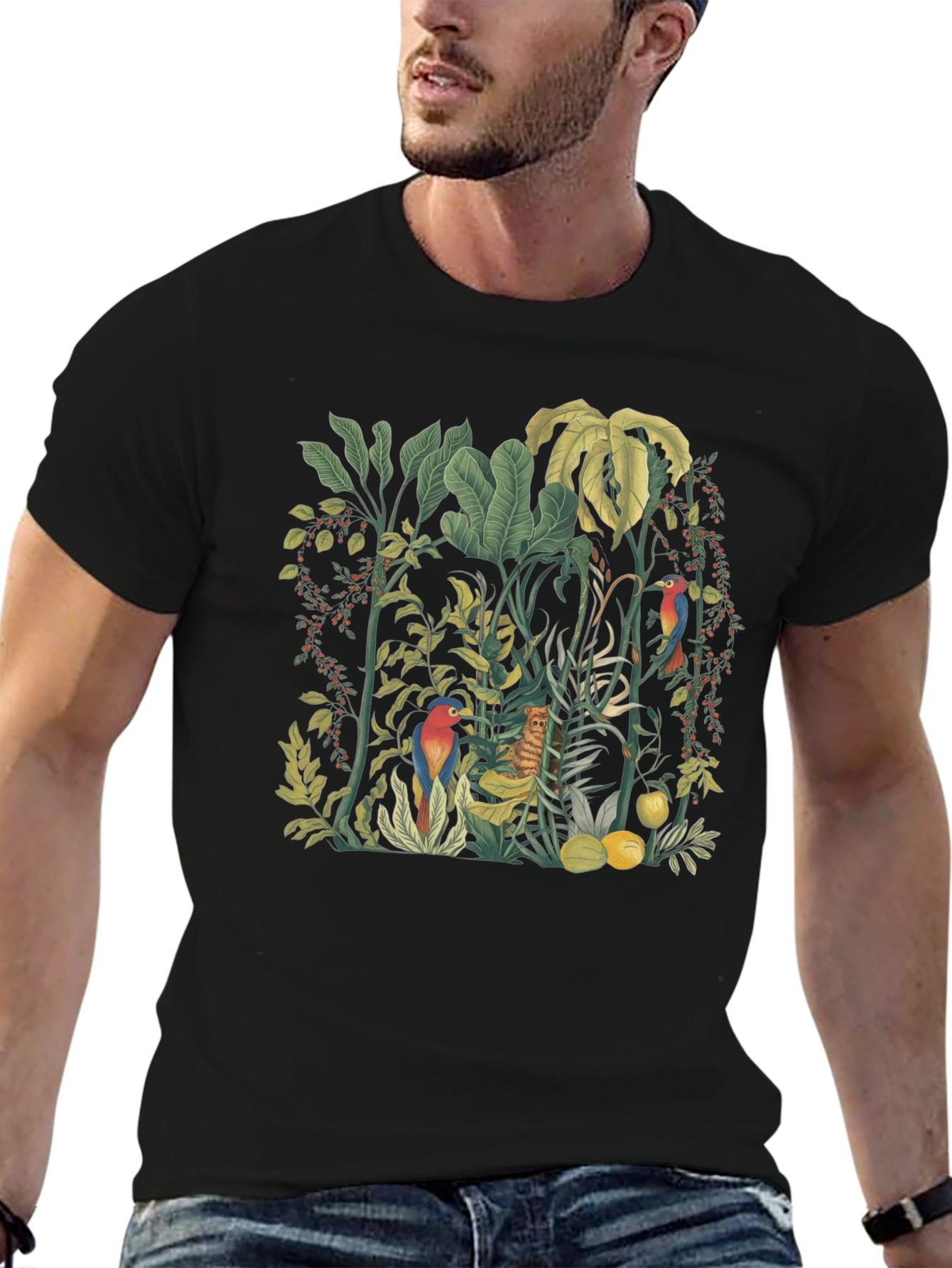 Tropical Jungle Print Black T-Shirt