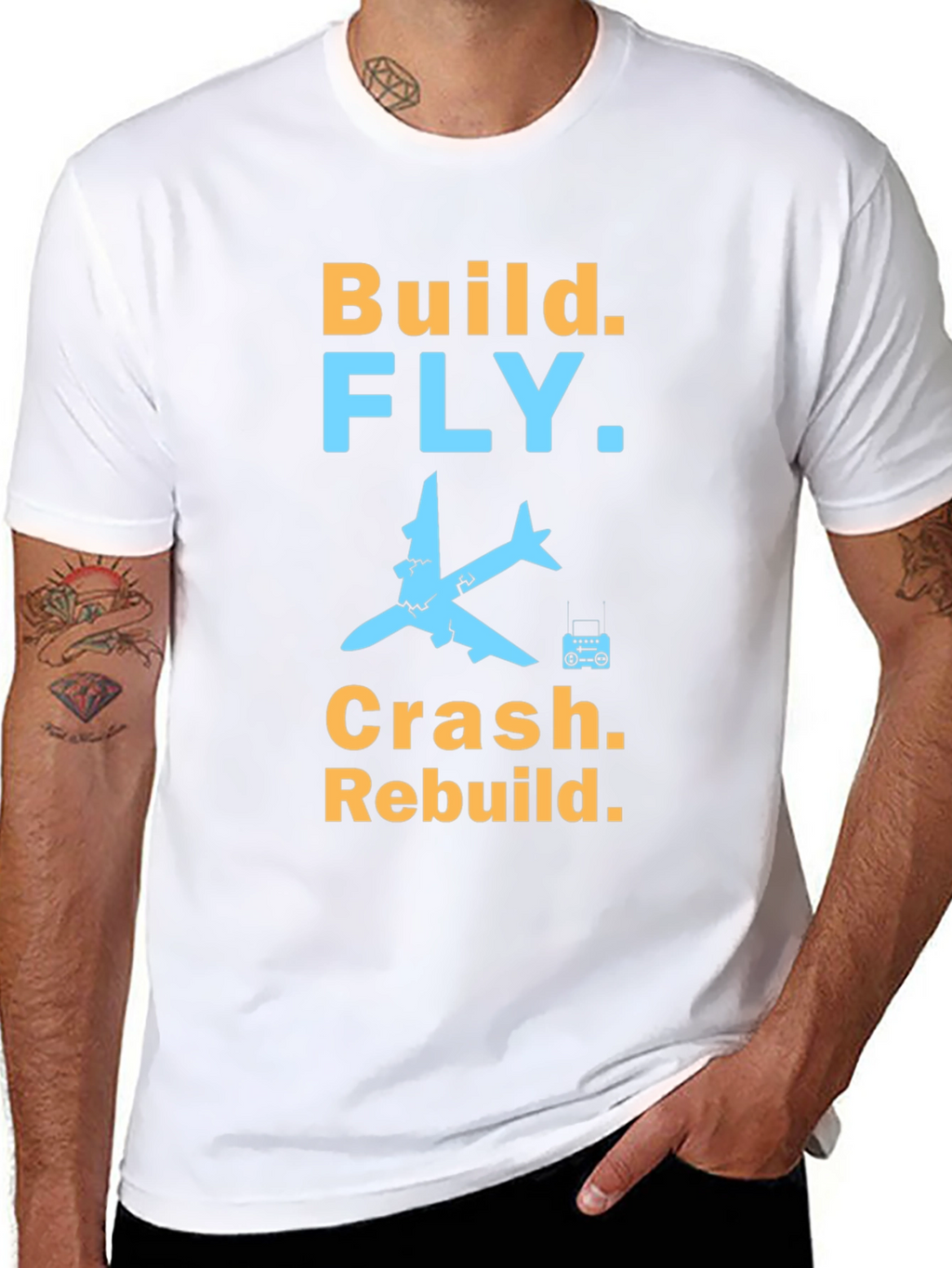 Build Fly Crash Rebuild Black Graphic T-Shirt