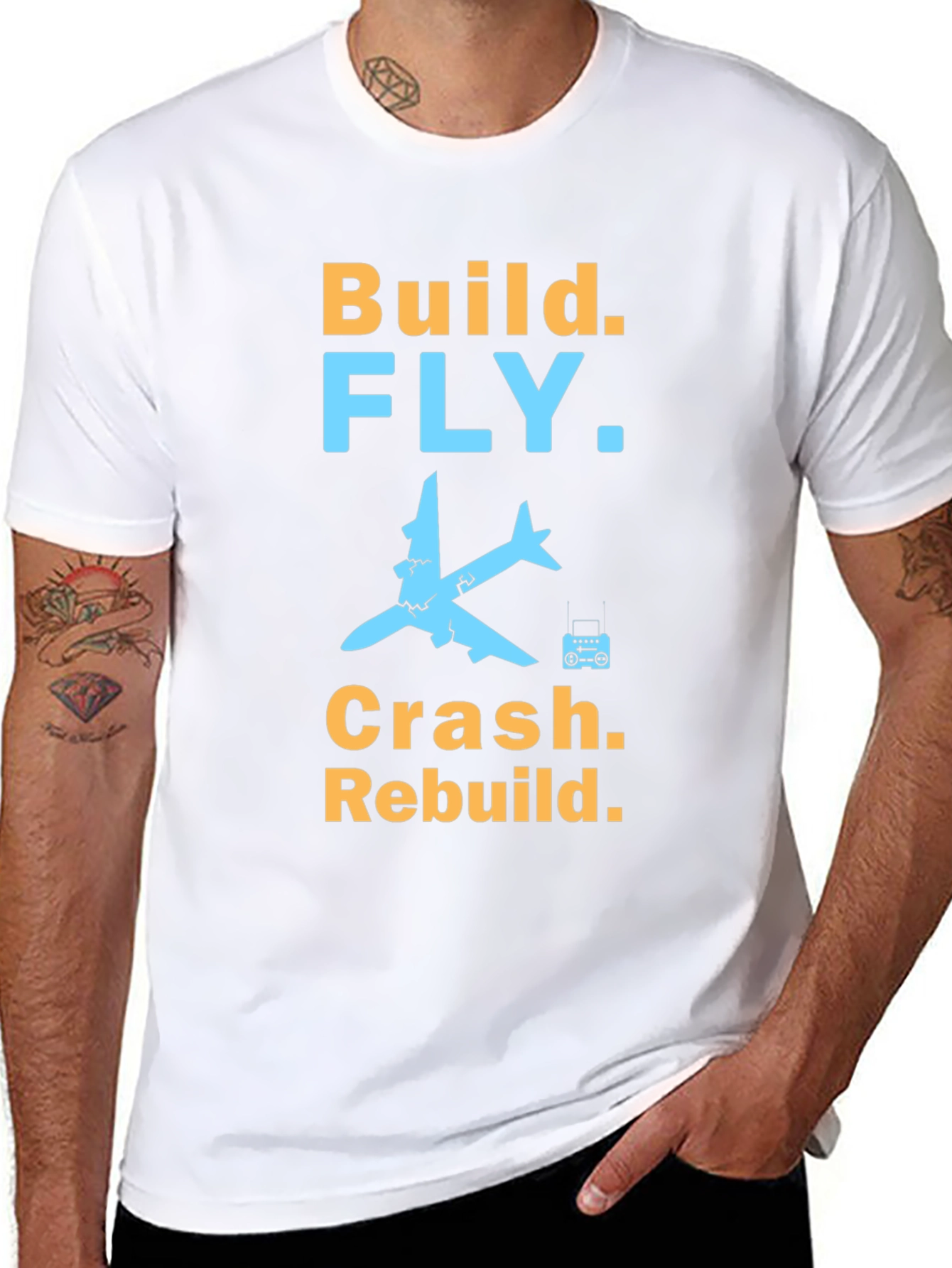 Build Fly Crash Rebuild Black Graphic T-Shirt