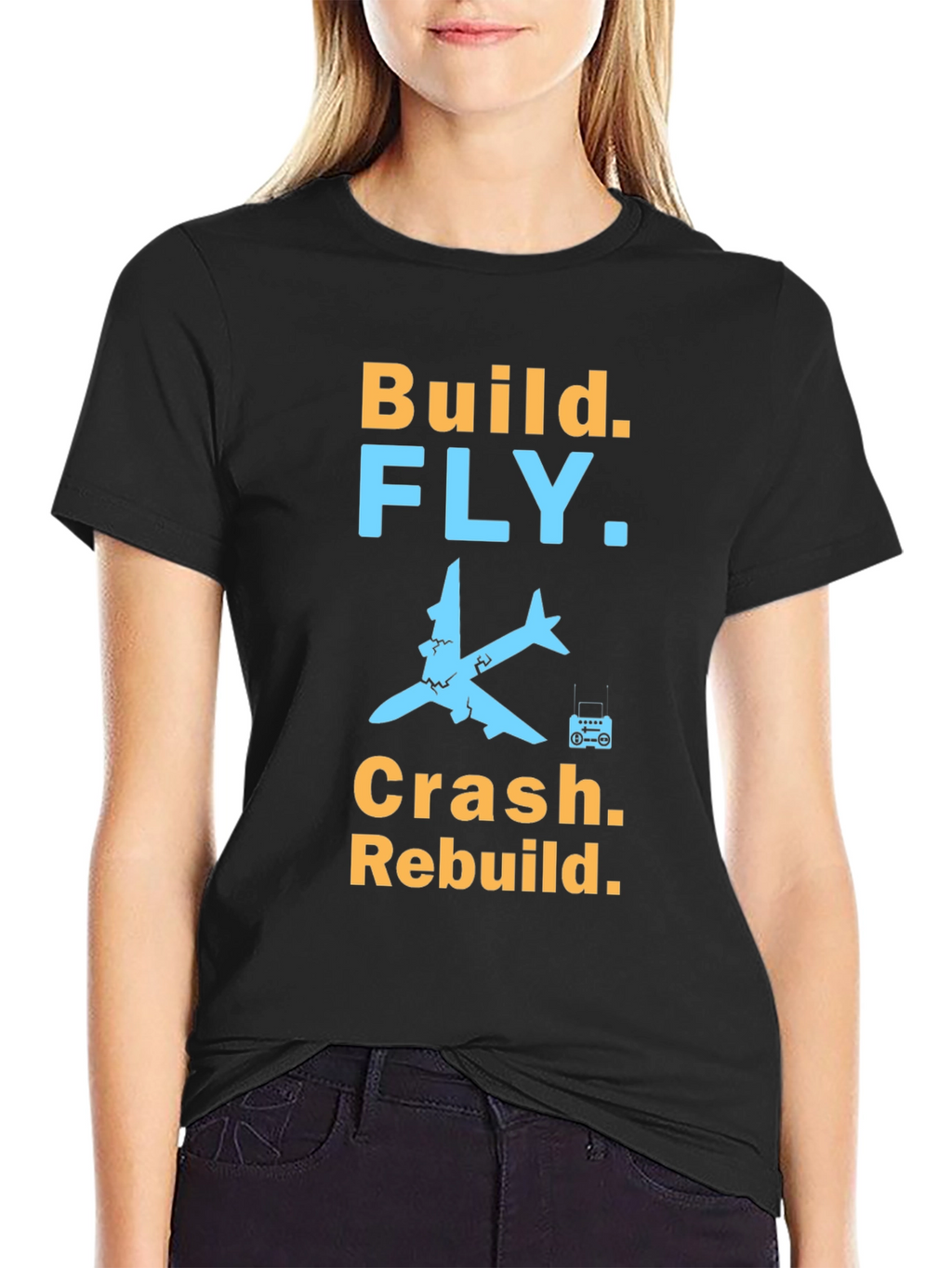 Build Fly Crash Rebuild Black Graphic T-Shirt