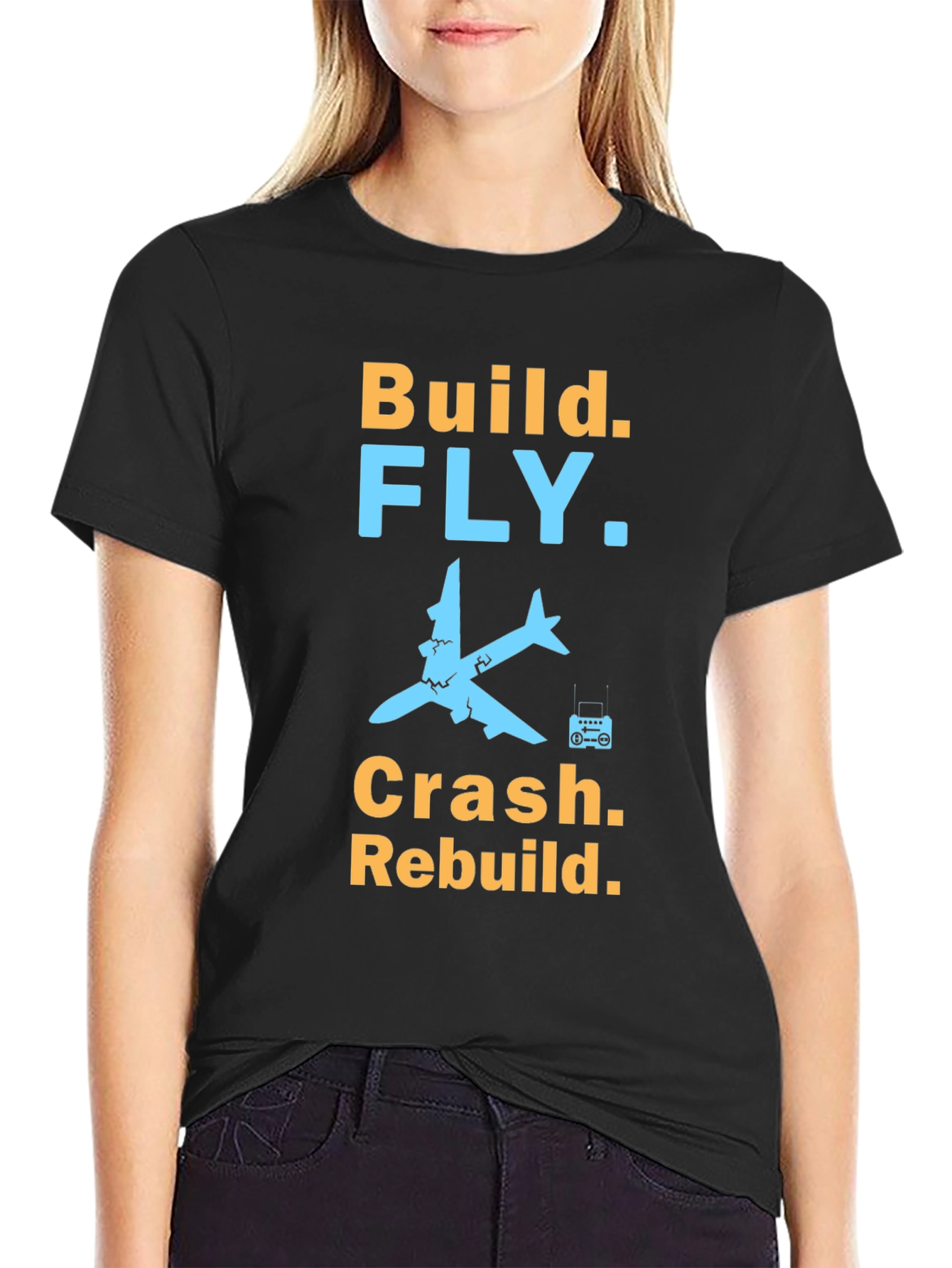 Build Fly Crash Rebuild Black Graphic T-Shirt