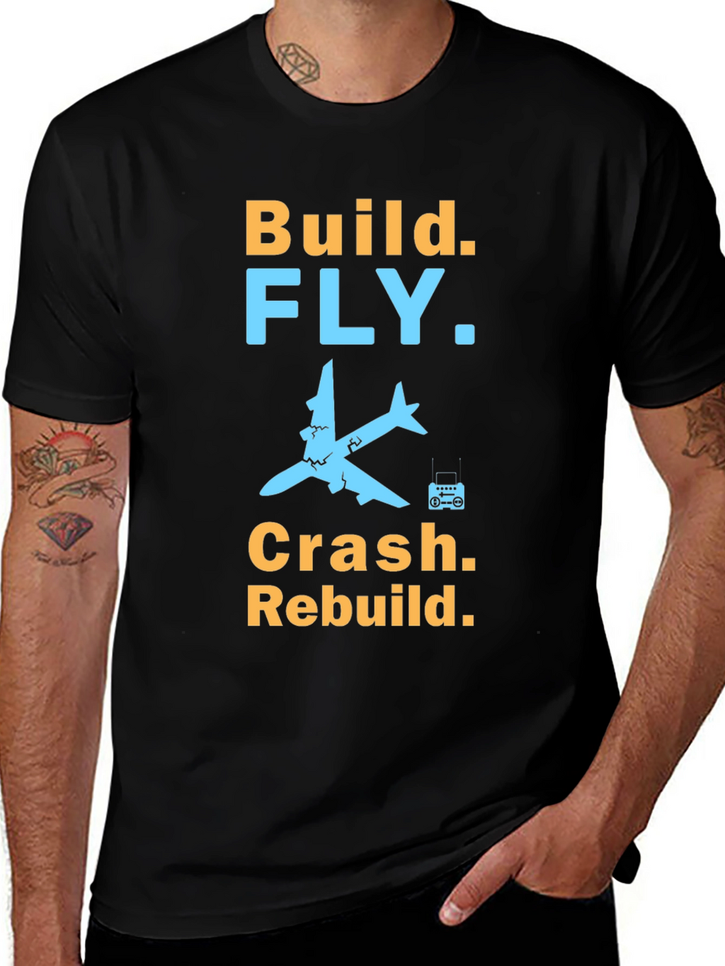 Build Fly Crash Rebuild Black Graphic T-Shirt