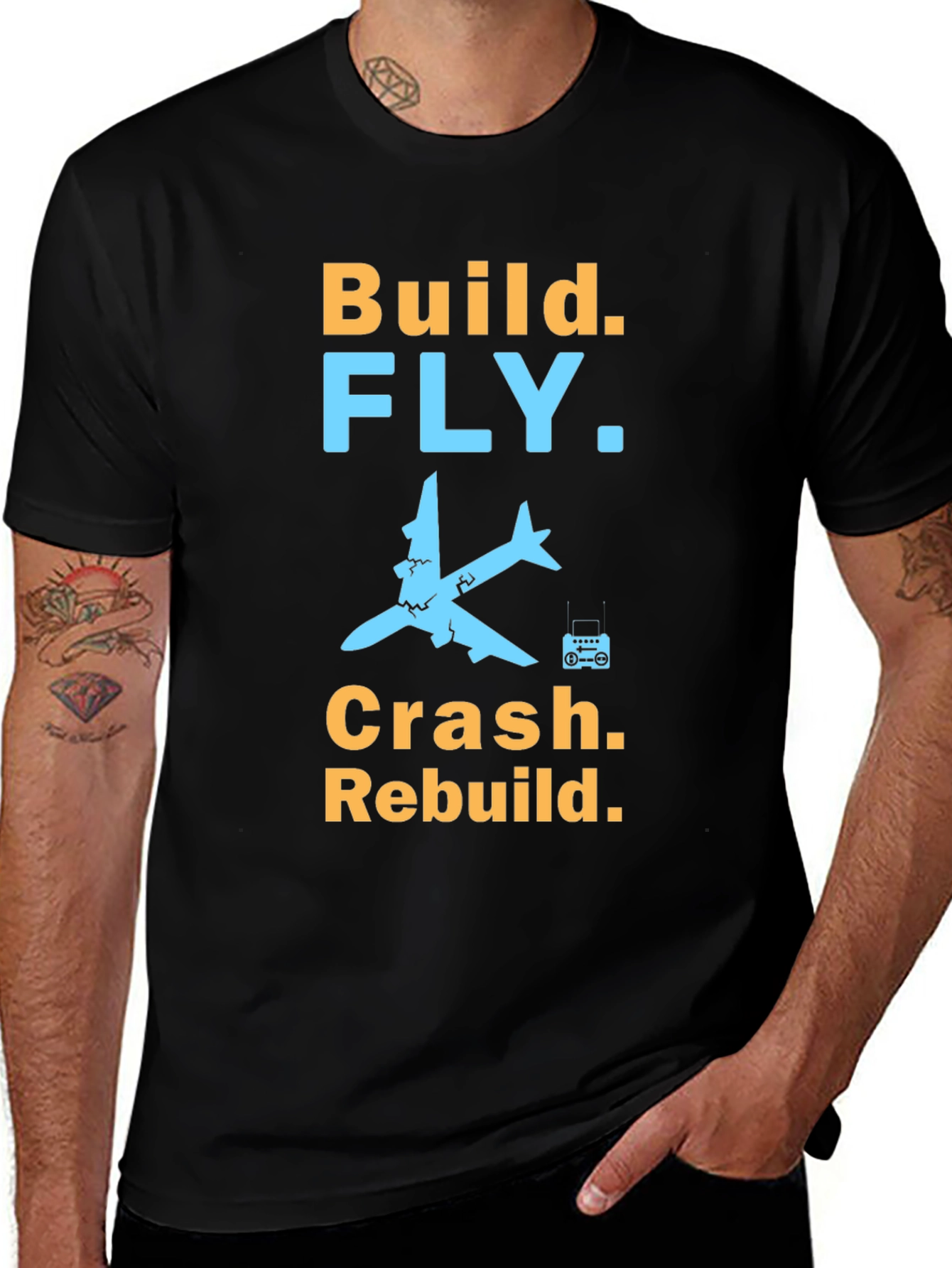 Build Fly Crash Rebuild Black Graphic T-Shirt