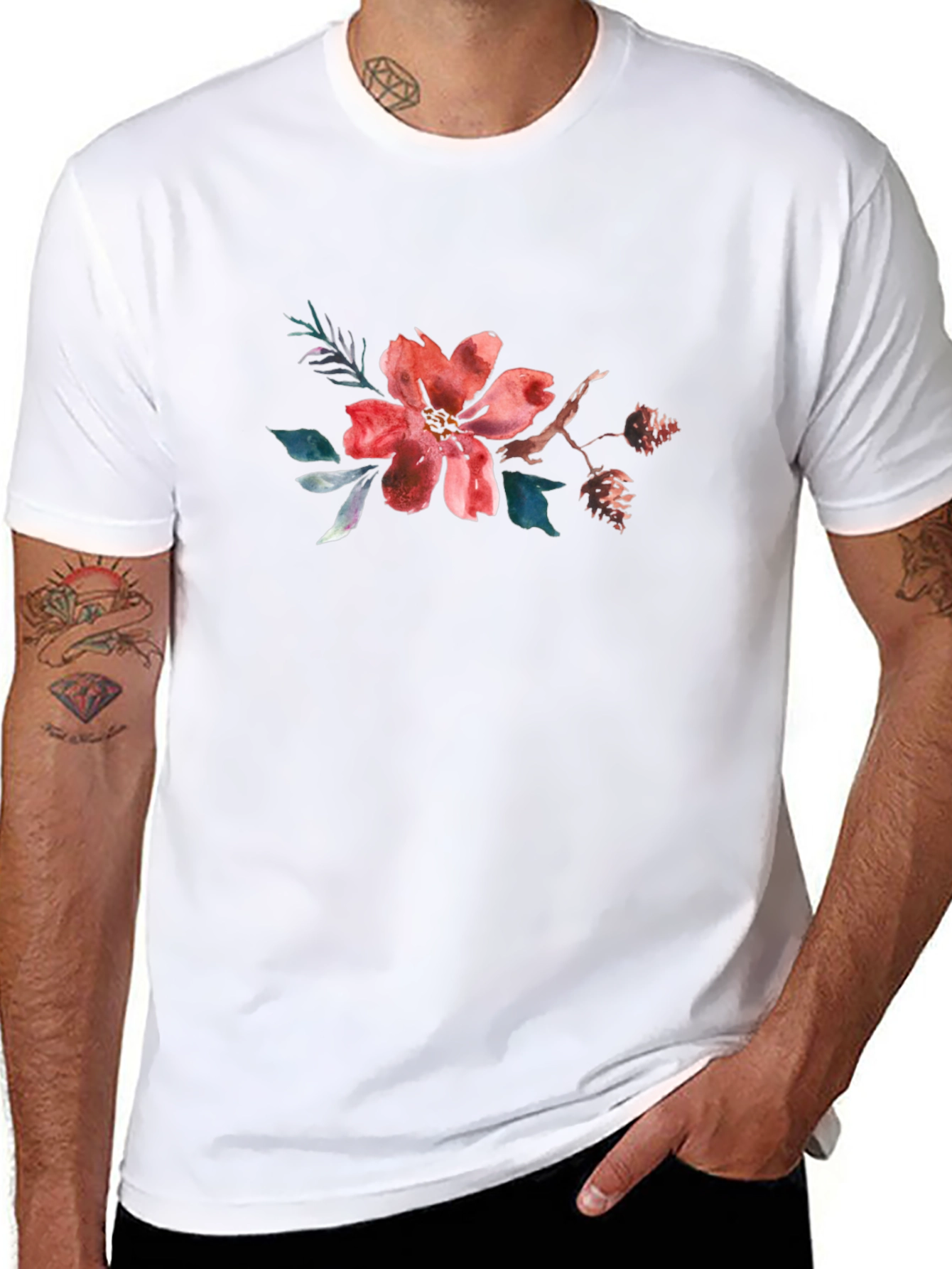 Floral Watercolor Graphic Tee - Casual Black T-Shirt