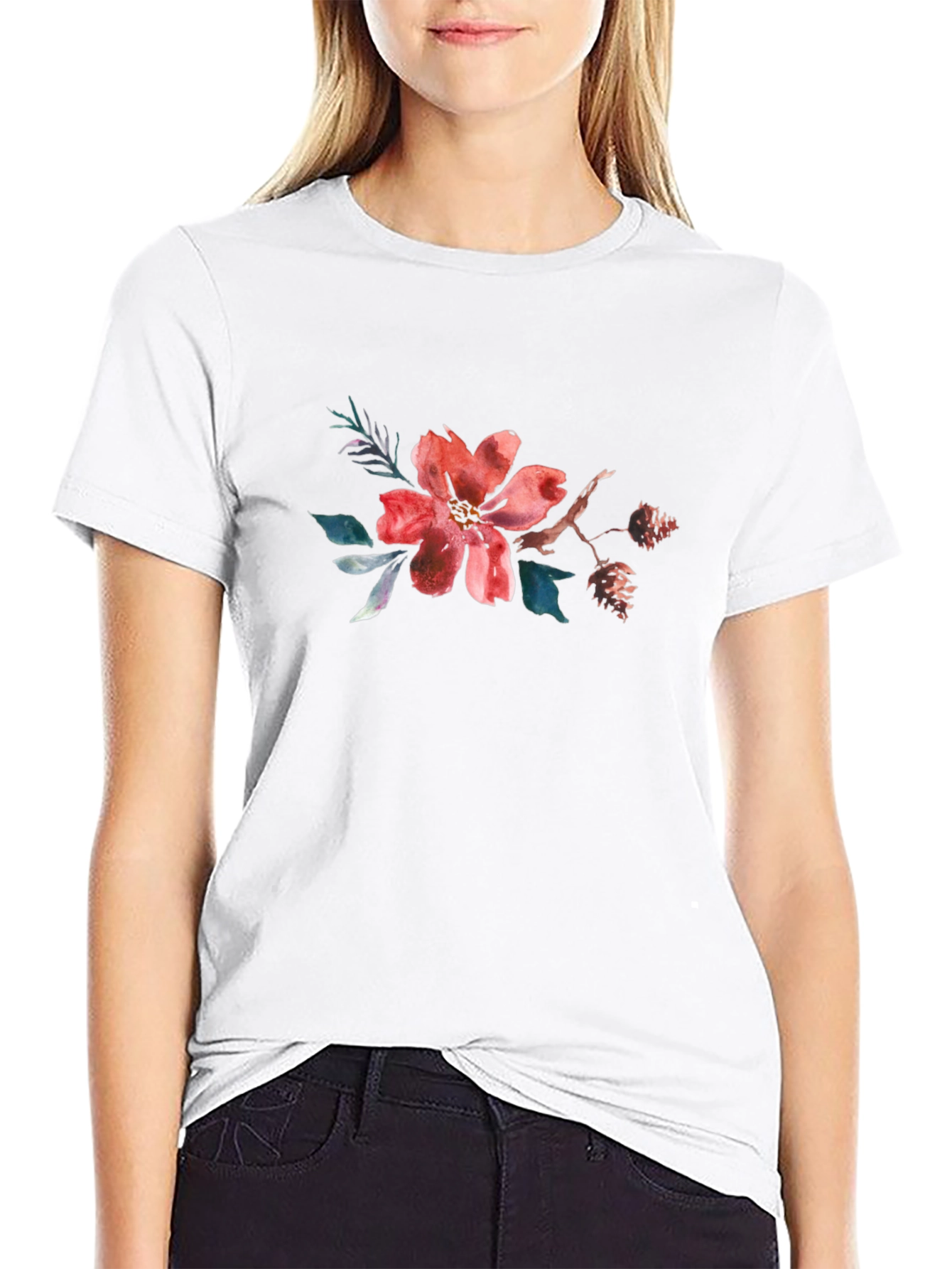 Floral Watercolor Graphic Tee - Casual Black T-Shirt