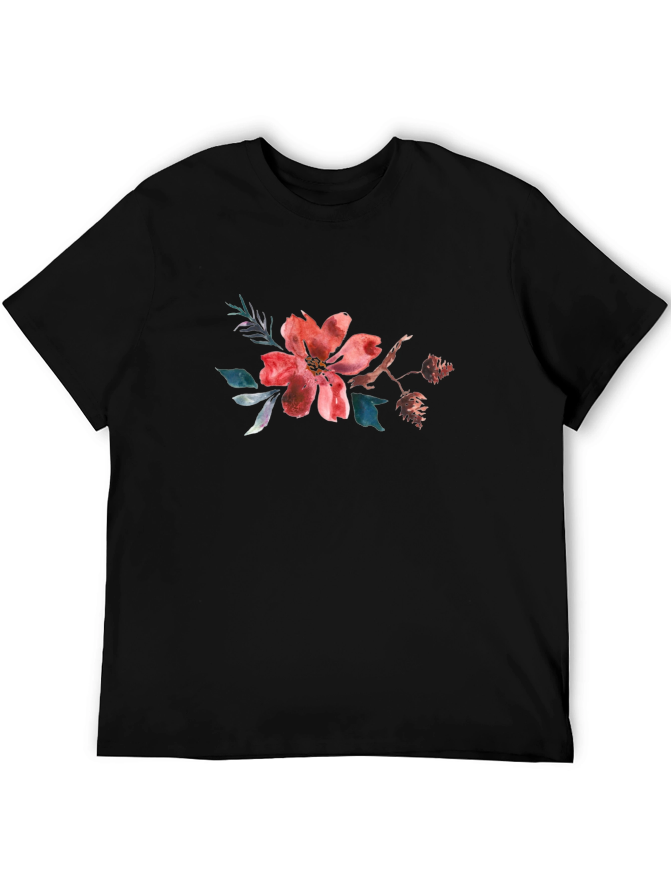 Floral Watercolor Graphic Tee - Casual Black T-Shirt