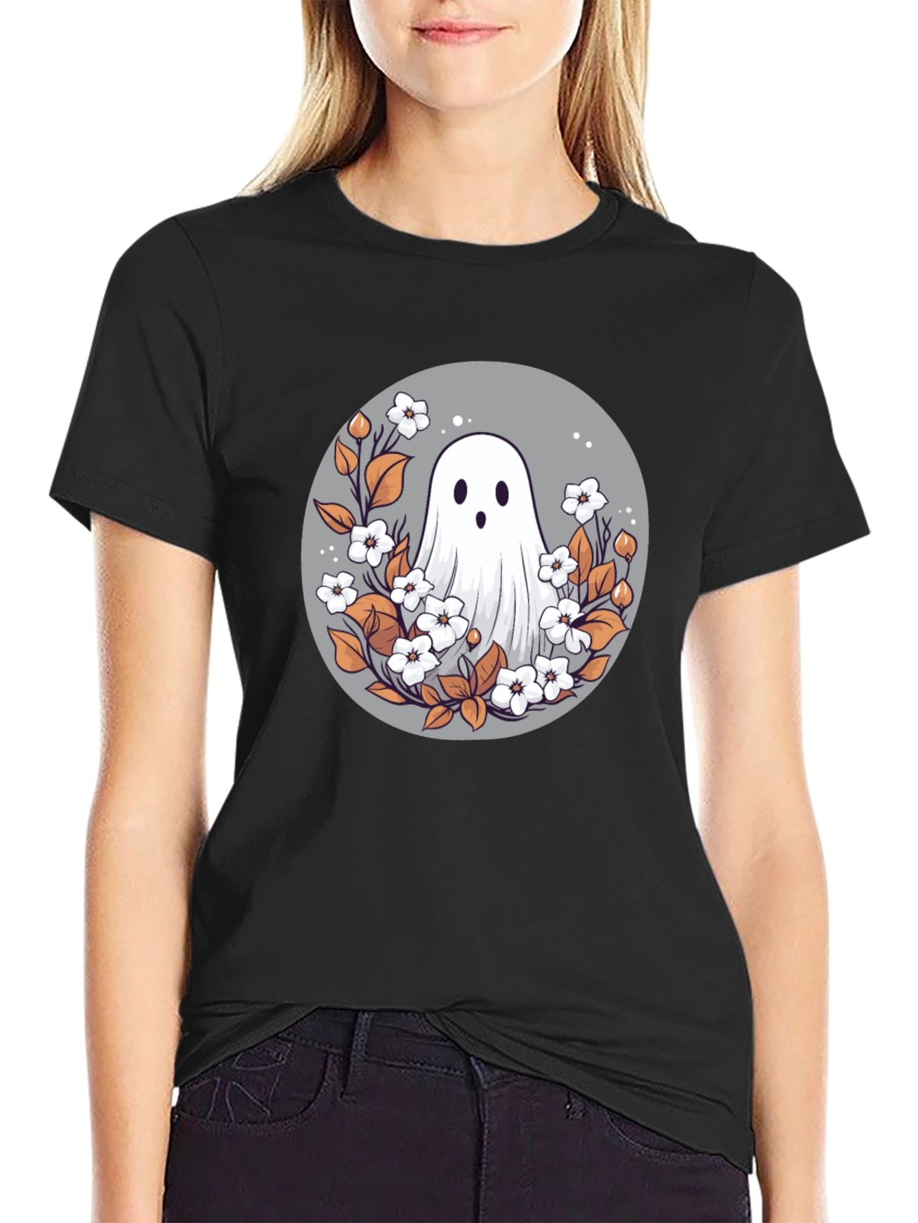 Ghostly Floral T-Shirt - Spooky Cute Design
