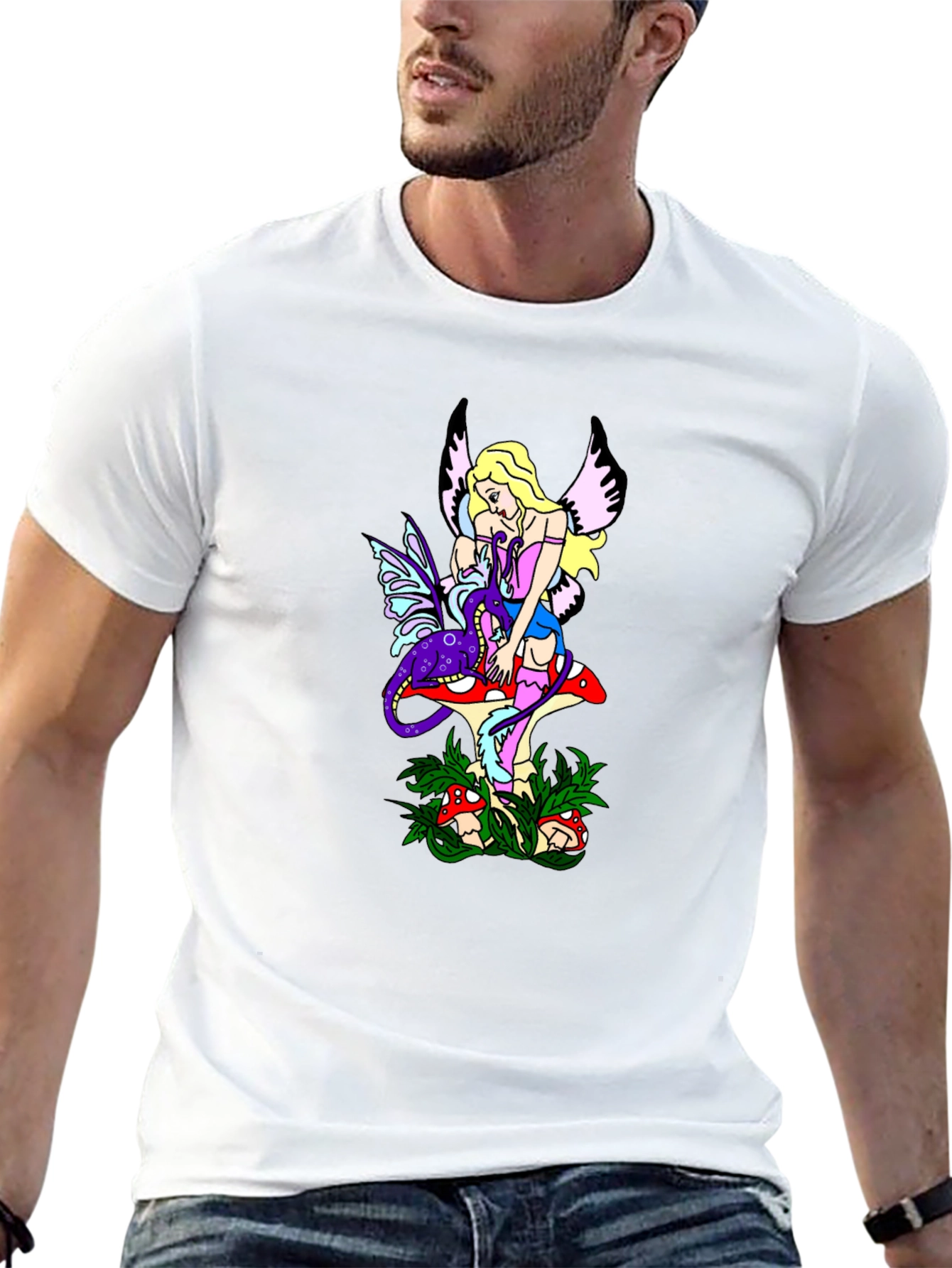 Fairy & Mushroom Graphic Tee - Black Cotton Blend