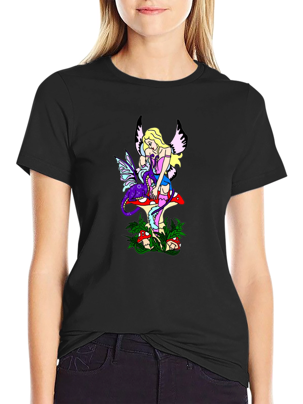 Fairy & Mushroom Graphic Tee - Black Cotton Blend