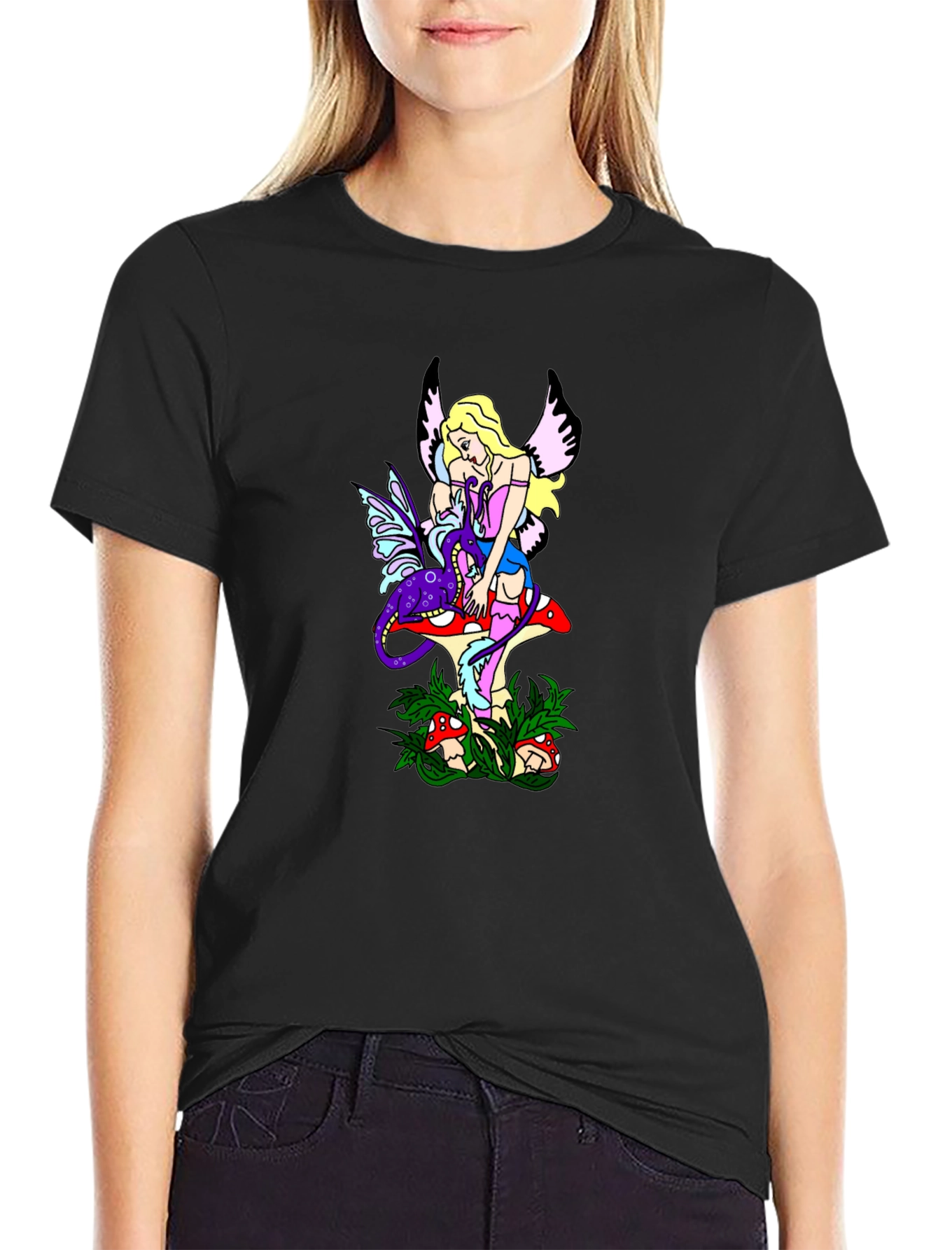 Fairy & Mushroom Graphic Tee - Black Cotton Blend