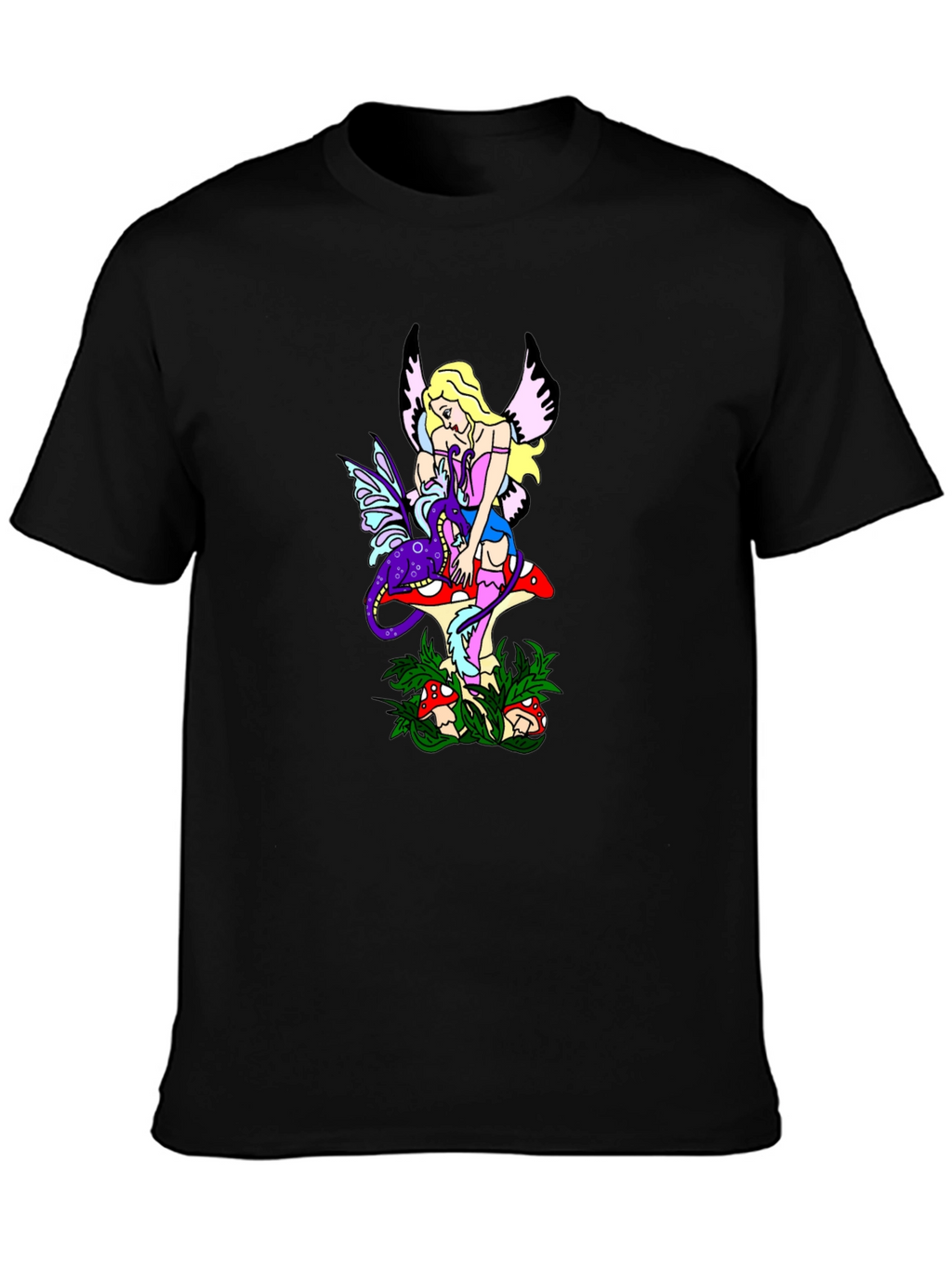 Fairy & Mushroom Graphic Tee - Black Cotton Blend