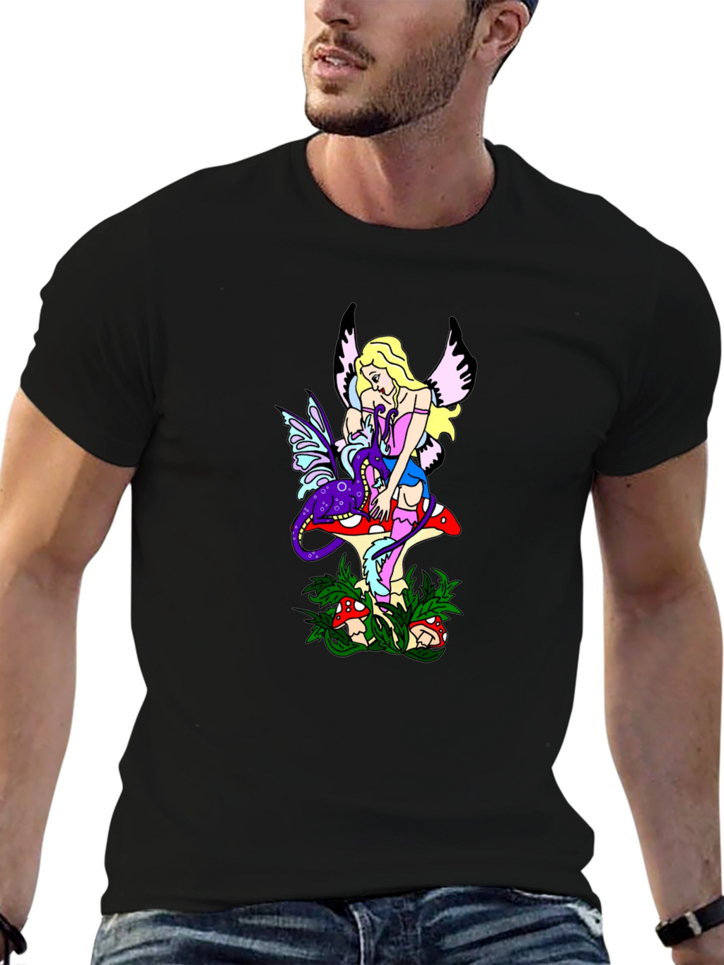 Fairy & Mushroom Graphic Tee - Black Cotton Blend