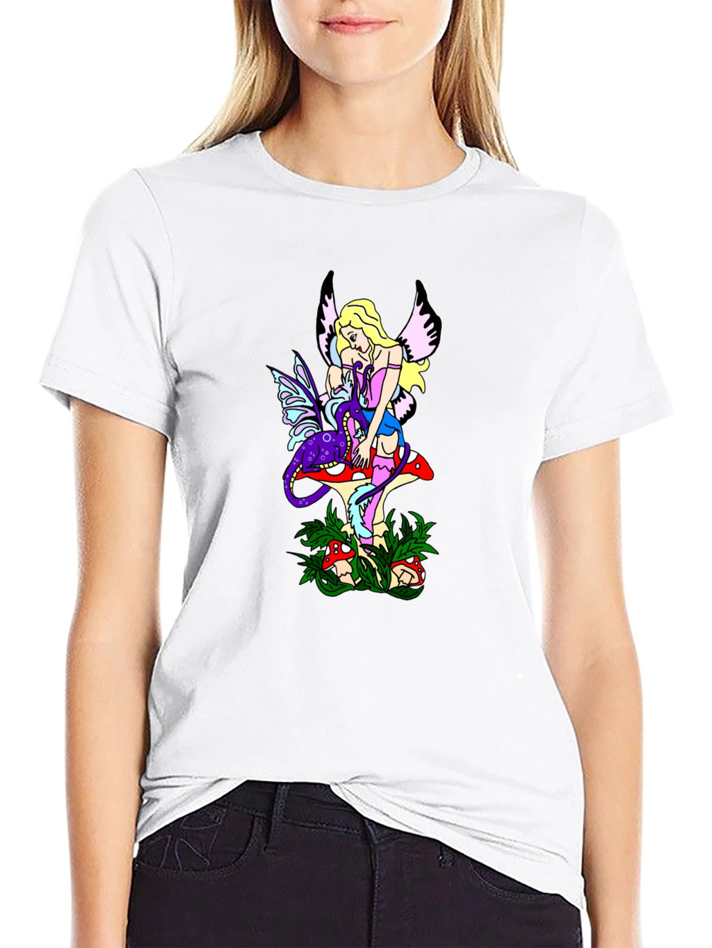 Fairy & Mushroom Graphic Tee - Black Cotton Blend