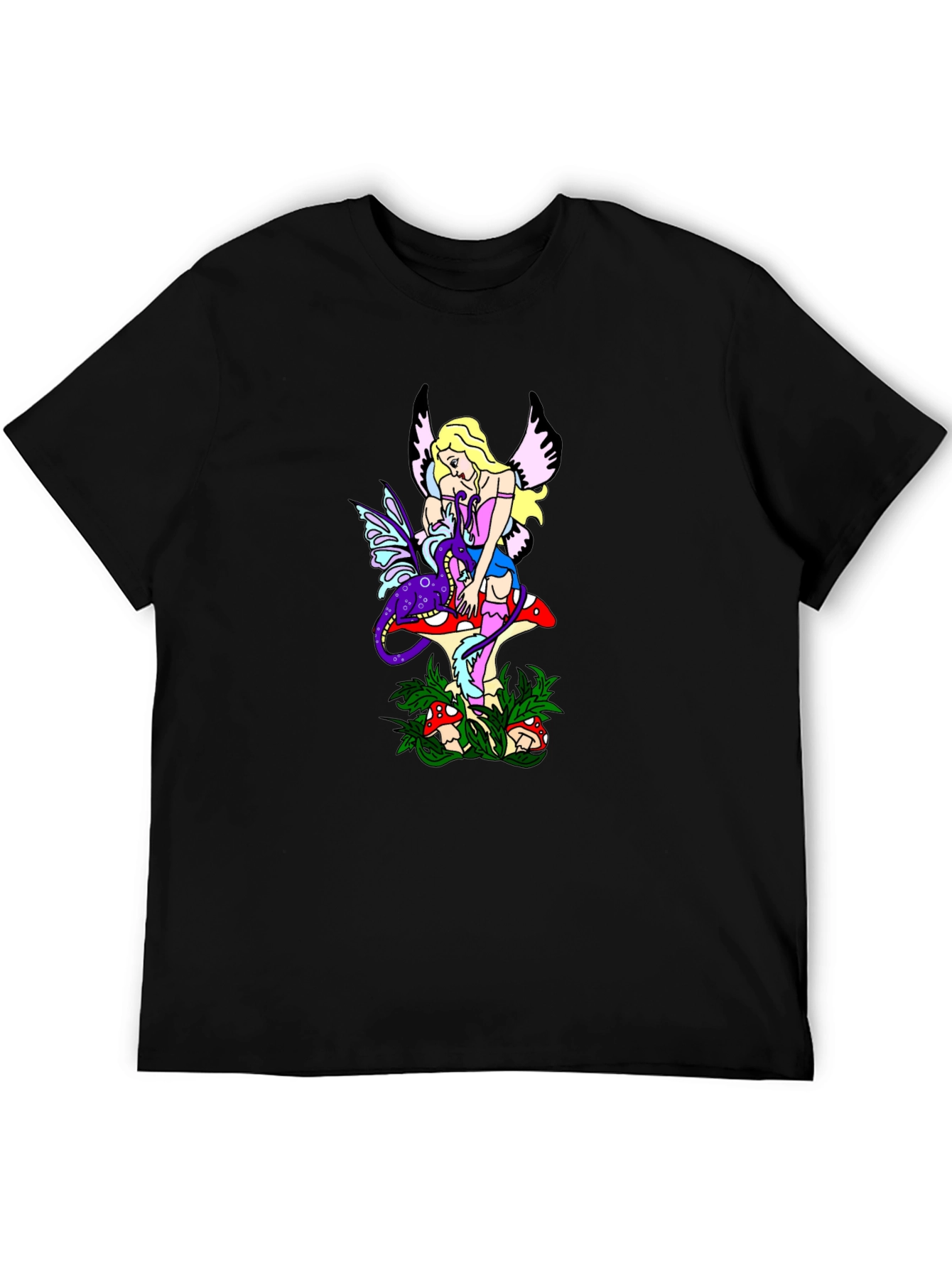 Fairy & Mushroom Graphic Tee - Black Cotton Blend