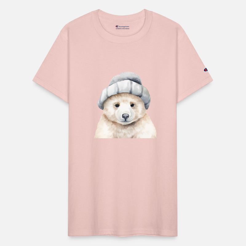 Funny baby polar bear wearing a bonnet watercolor