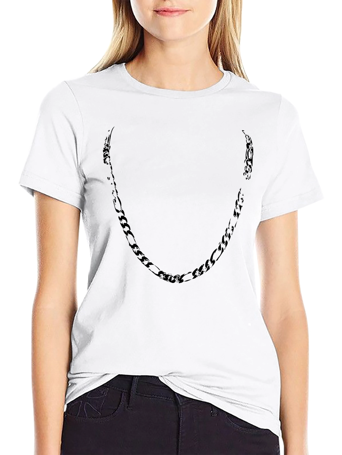 Mens Black Crewneck T-Shirt with Chain Design