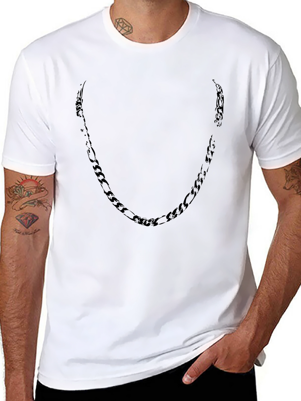 Mens Black Crewneck T-Shirt with Chain Design