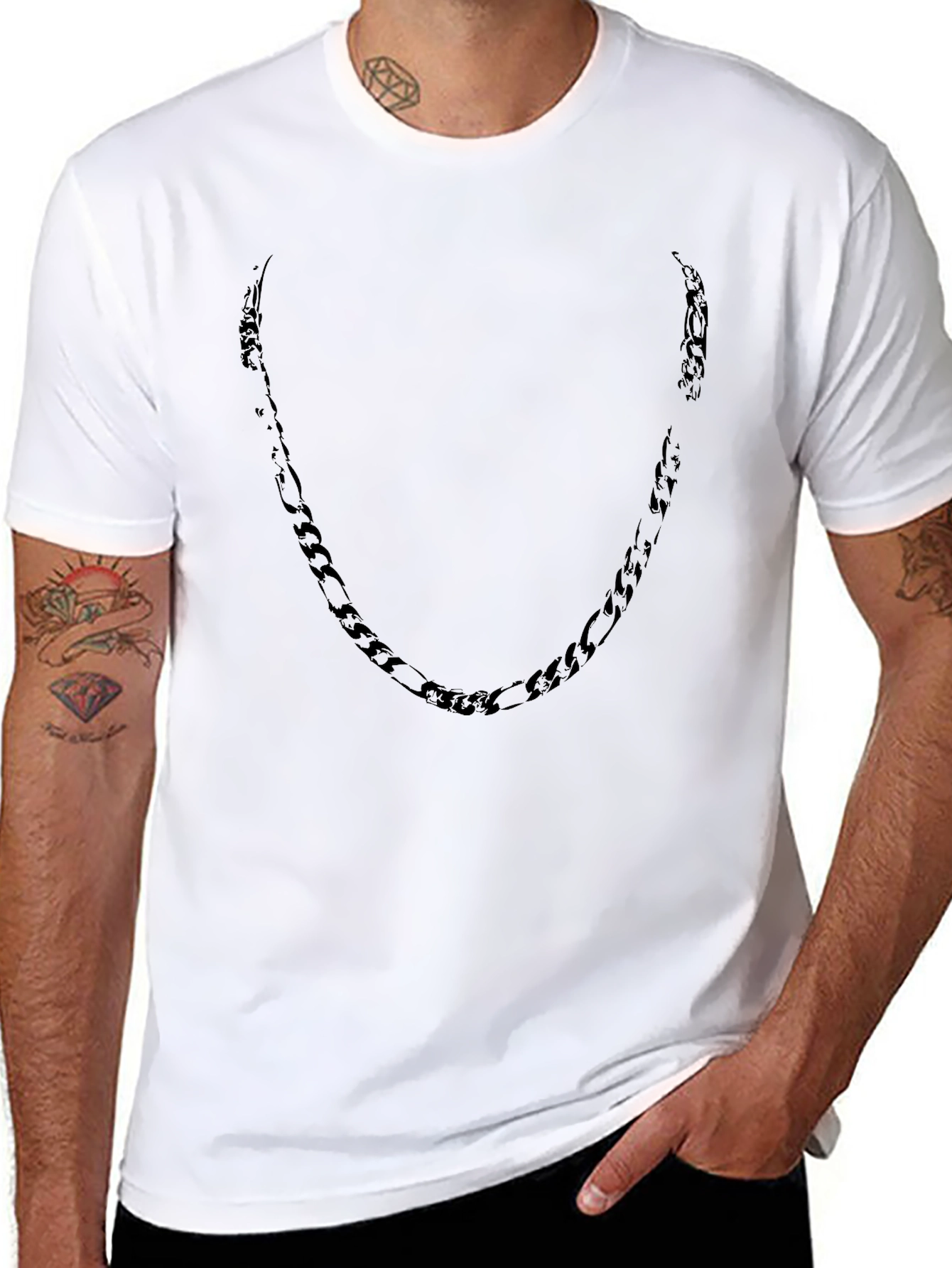 Mens Black Crewneck T-Shirt with Chain Design