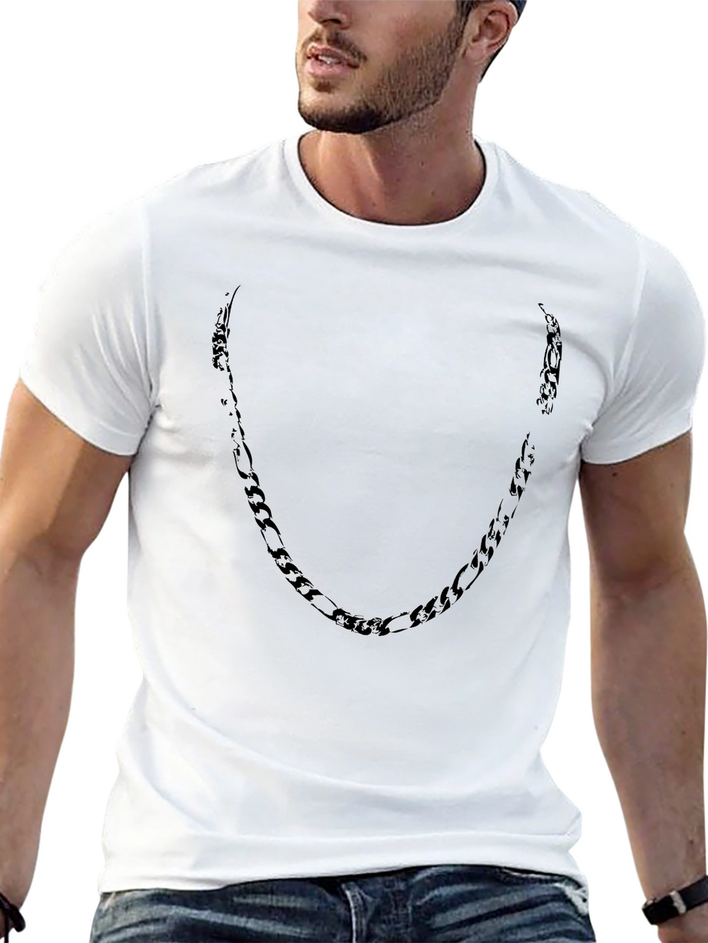 Mens Black Crewneck T-Shirt with Chain Design