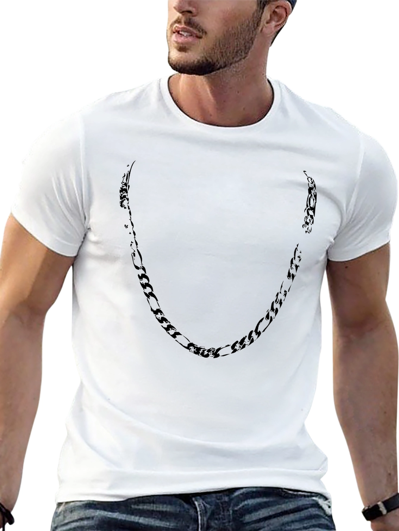 Mens Black Crewneck T-Shirt with Chain Design