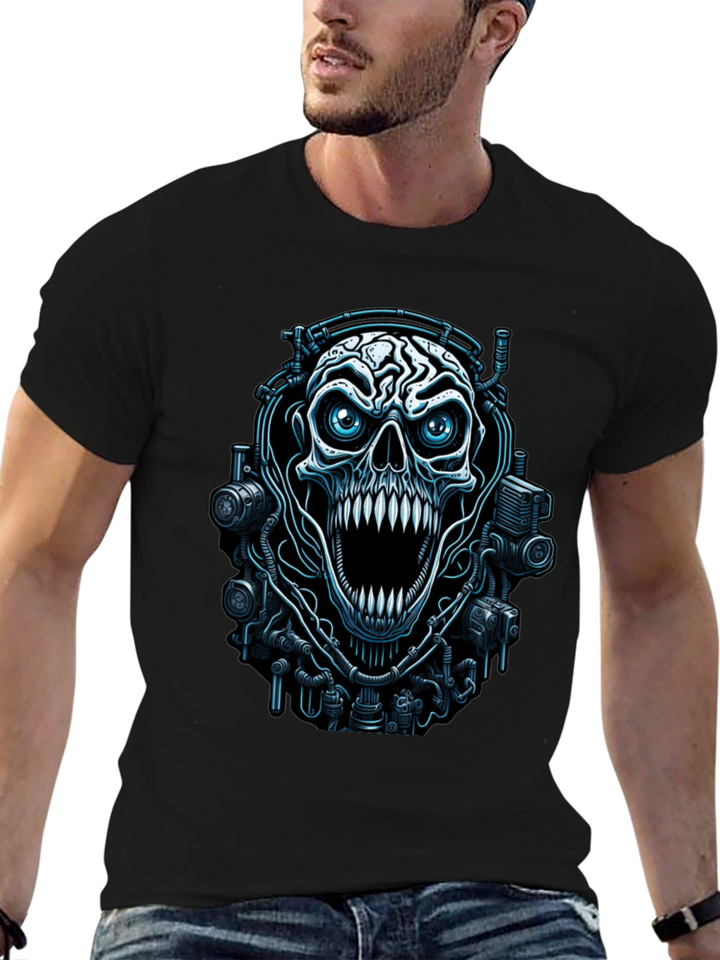 Cyber Skull Graphic Black T-Shirt