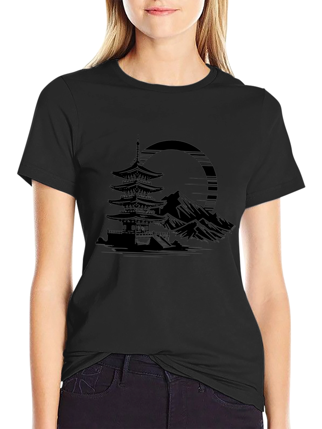 Mens Black Pagoda Graphic Tee