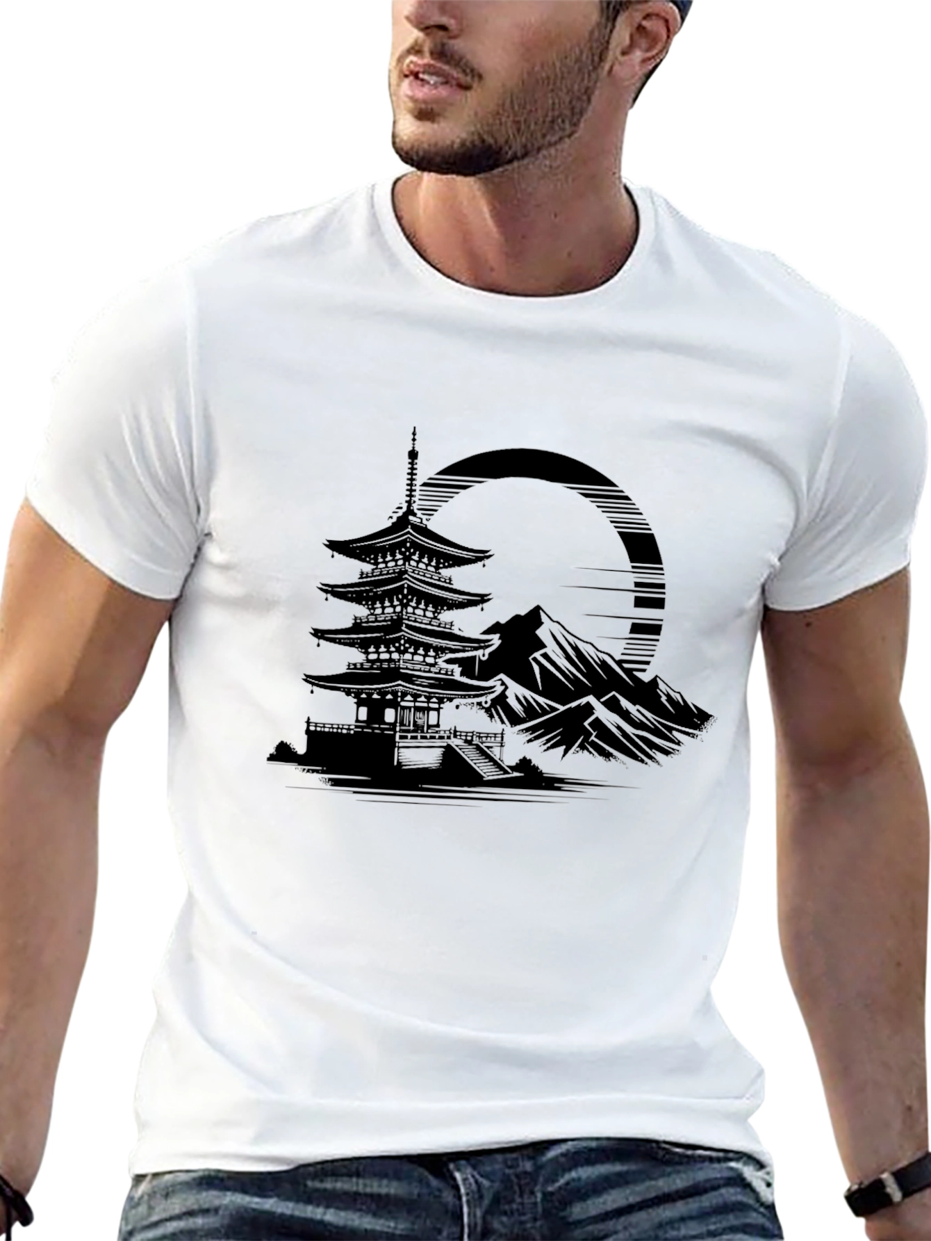 Mens Black Pagoda Graphic Tee