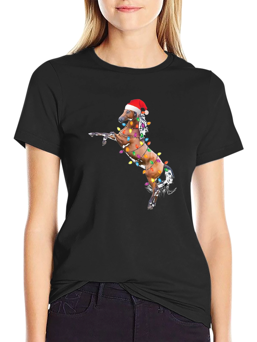Christmas Horse Lights Black T-Shirt