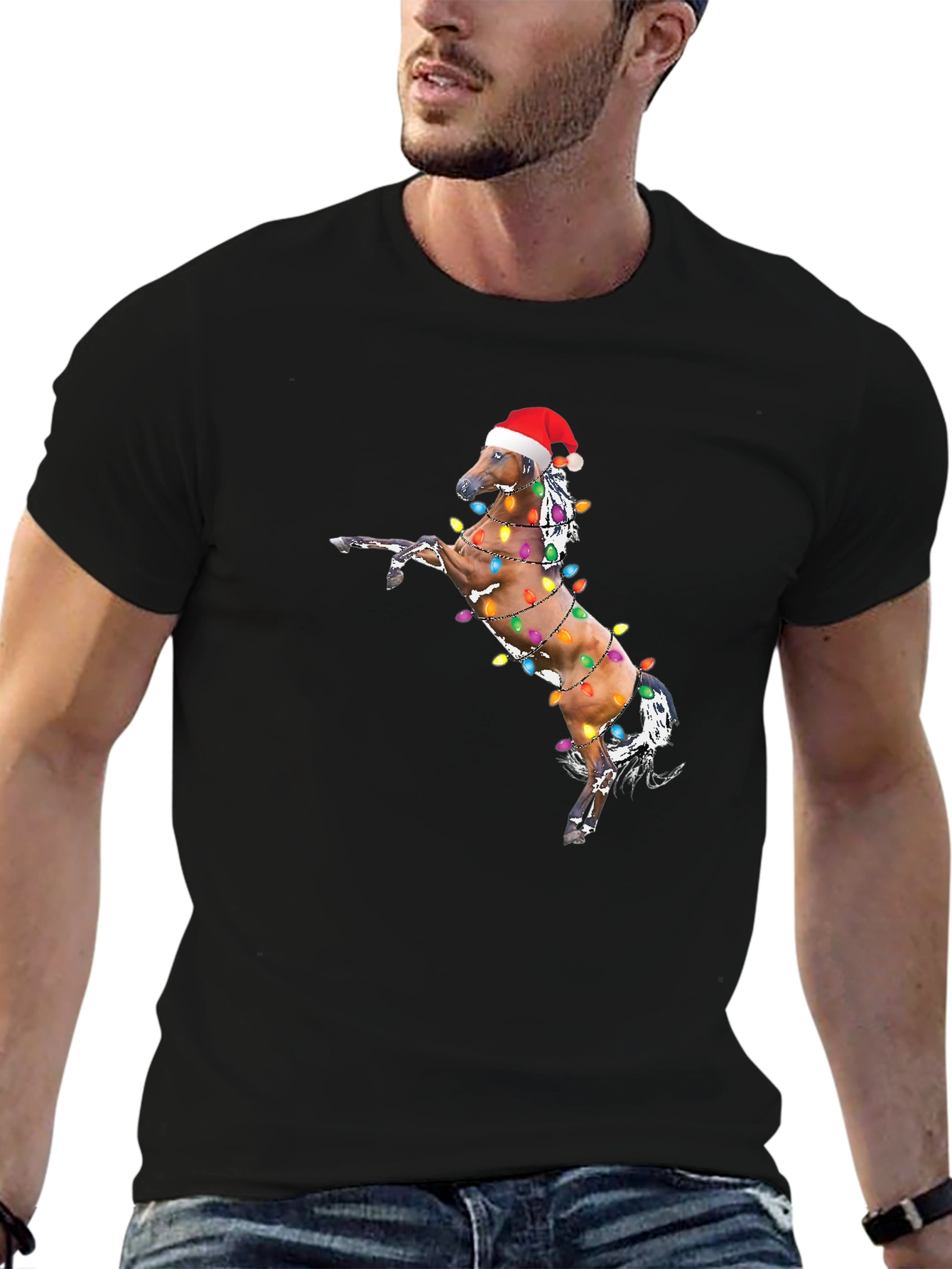 Christmas Horse Lights Black T-Shirt