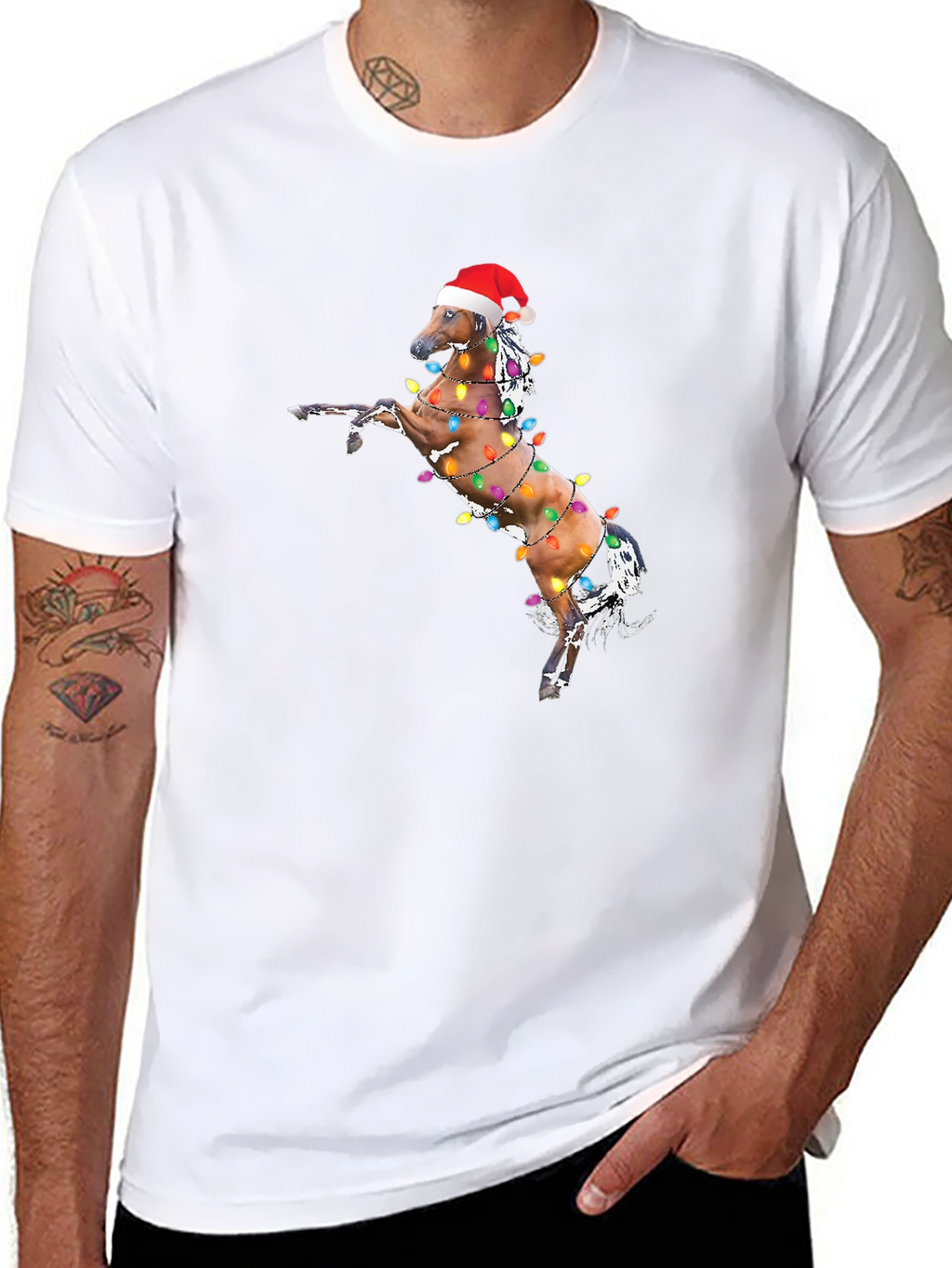 Christmas Horse Lights Black T-Shirt