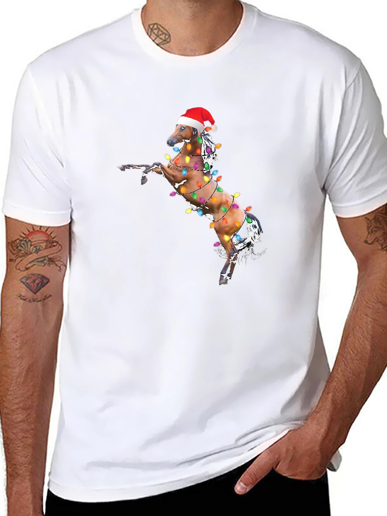 Christmas Horse Lights Black T-Shirt