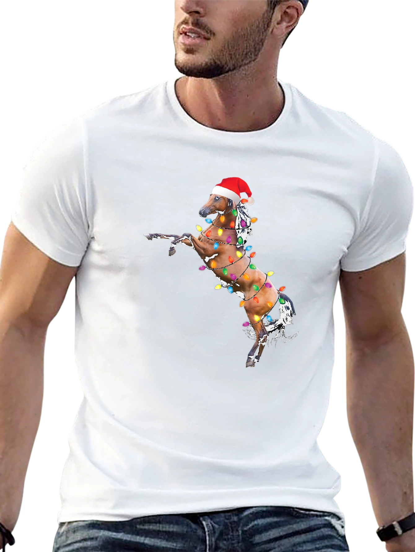 Christmas Horse Lights Black T-Shirt