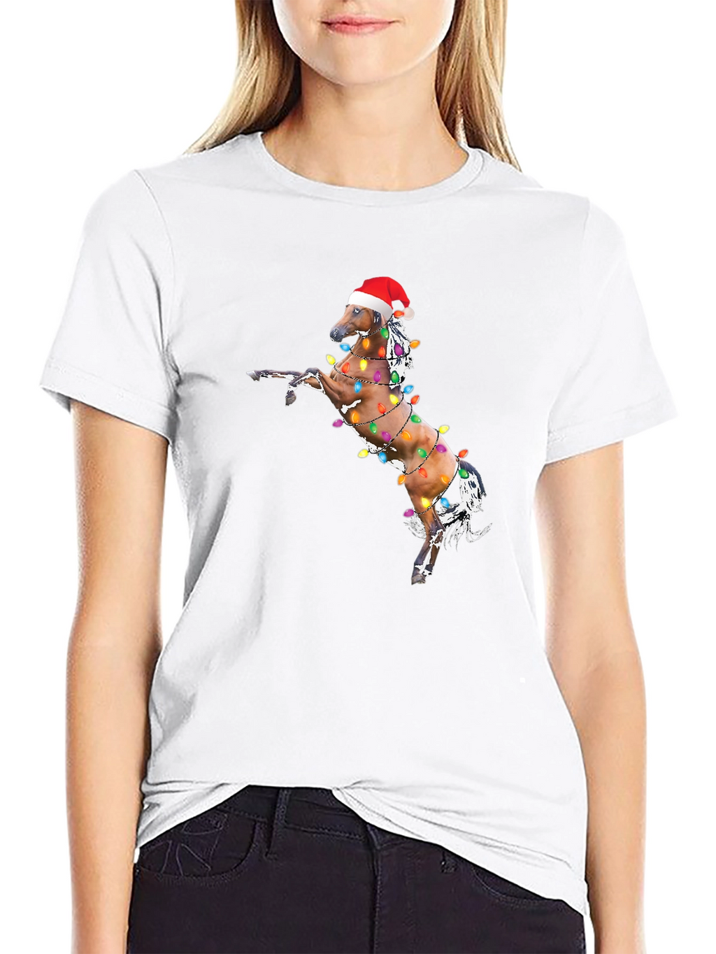 Christmas Horse Lights Black T-Shirt