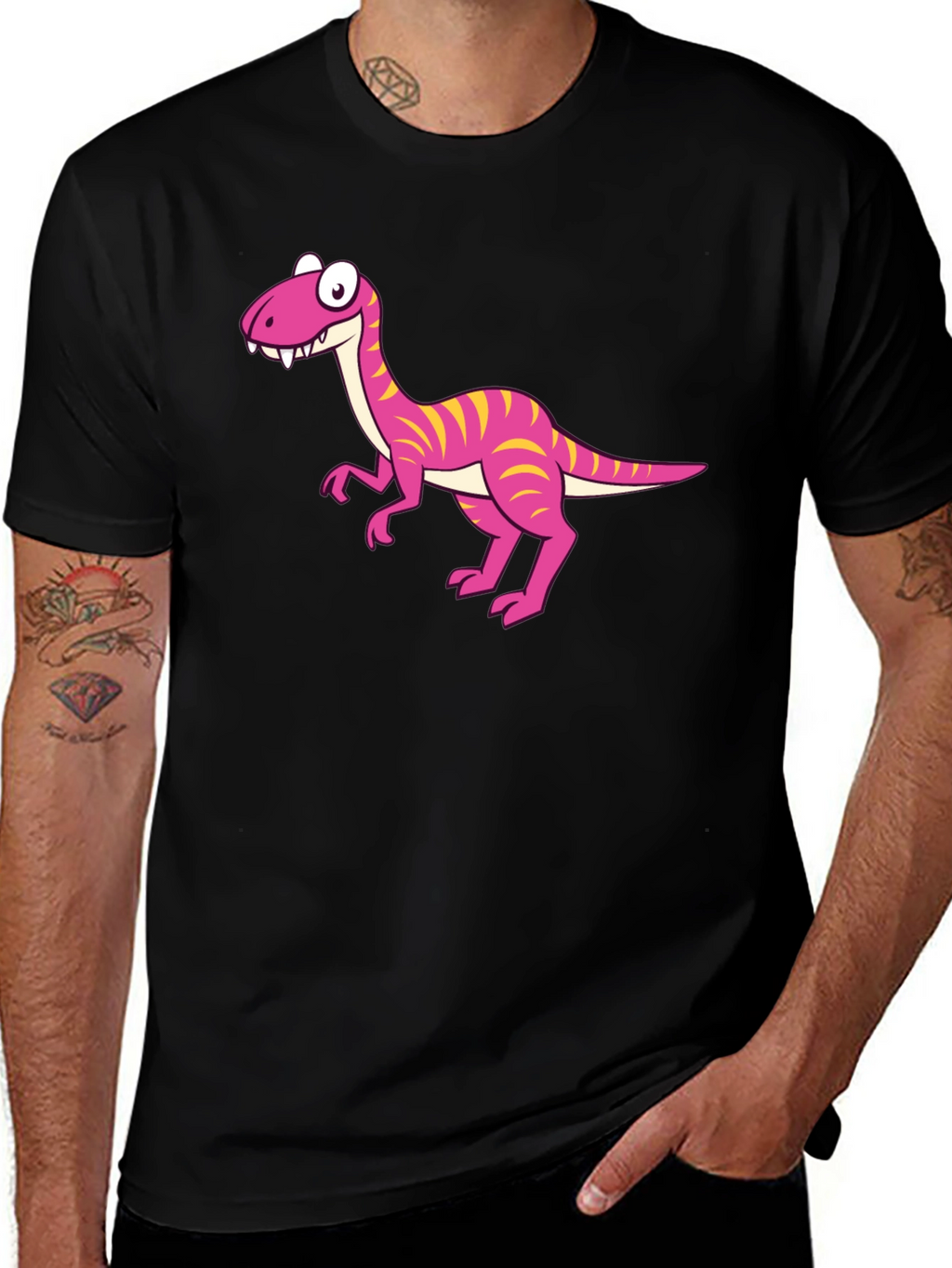 Cartoon Dinosaur Graphic Print Mens Tee - Black