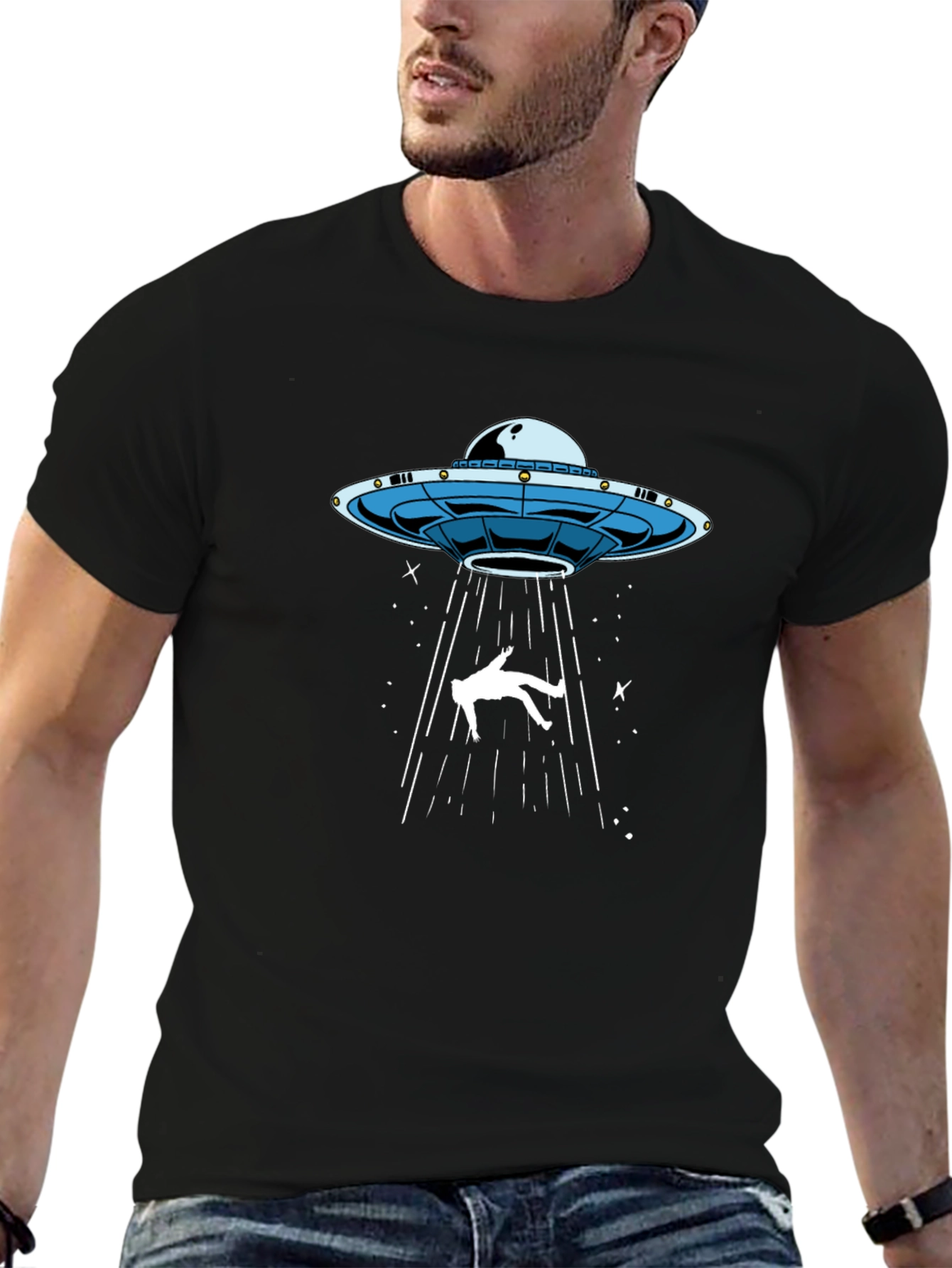 UFO Abduction Graphic Tee - Black Cotton T-Shirt