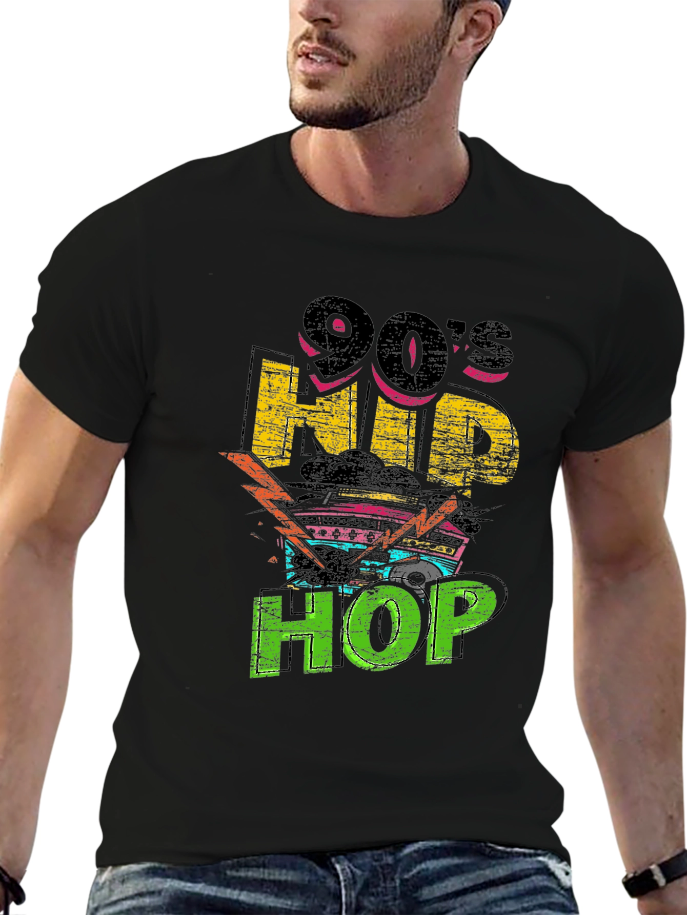 90s Hip Hop Graphic Print Black T-Shirt