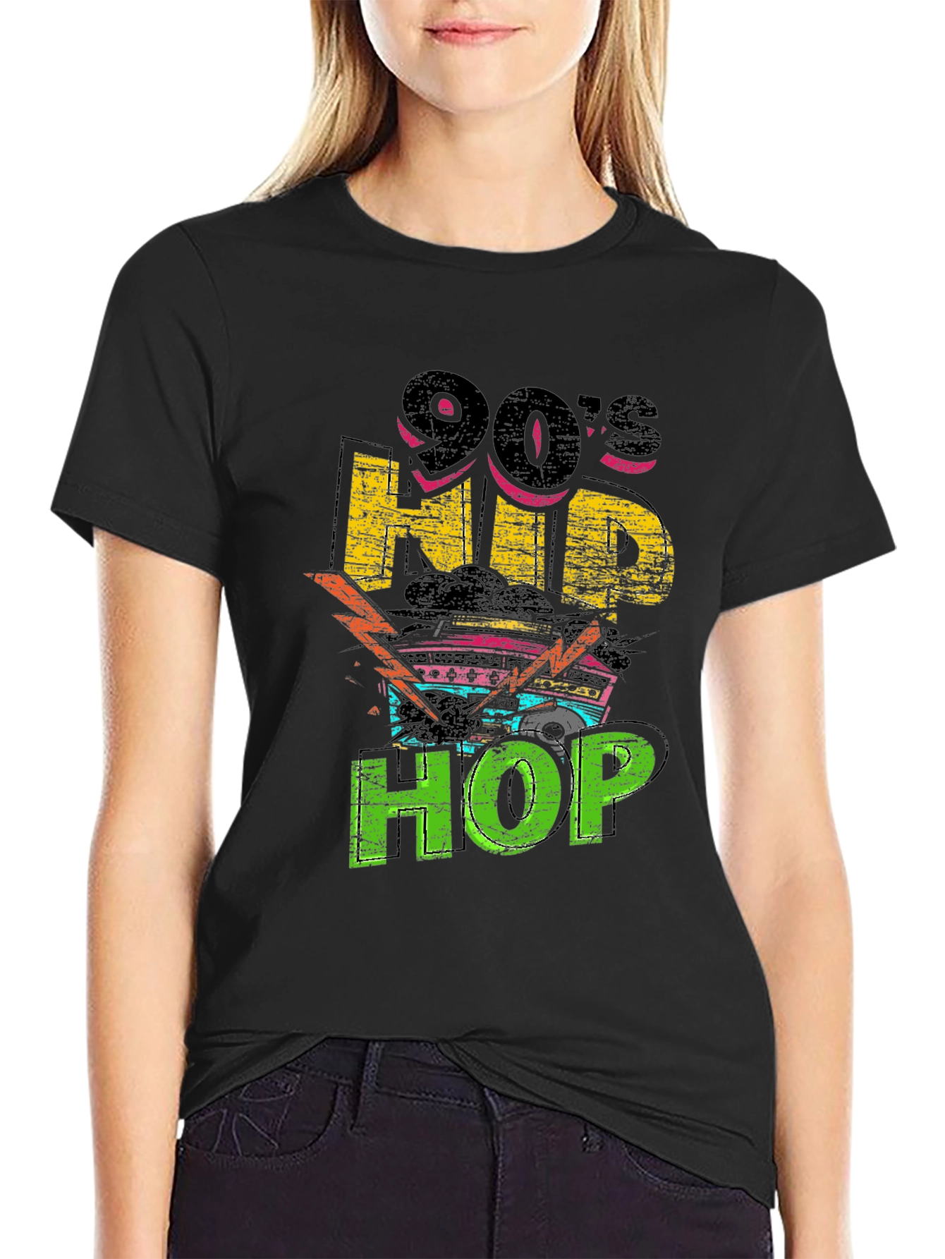 90s Hip Hop Graphic Print Black T-Shirt