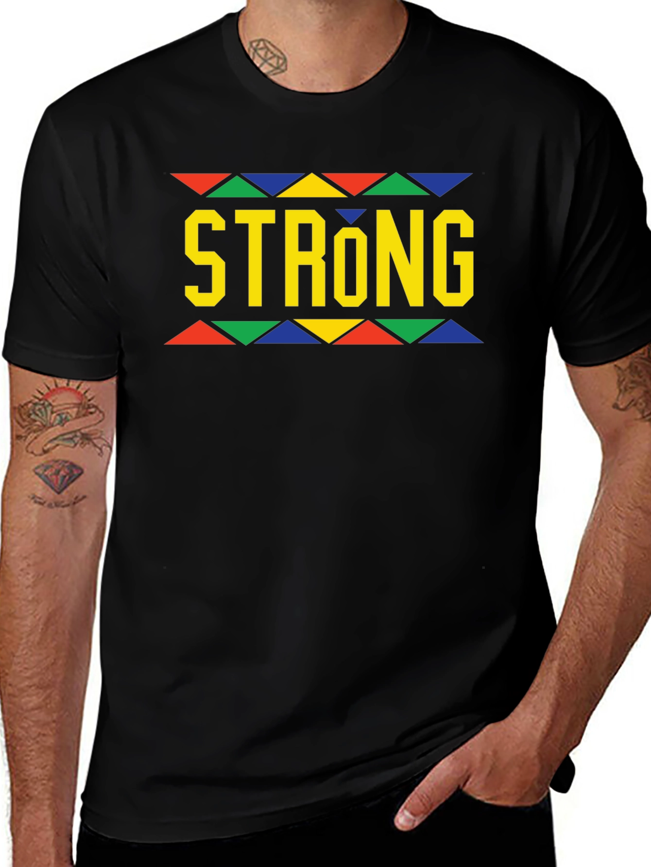Strong Black T-Shirt with Colorful Geometric Design