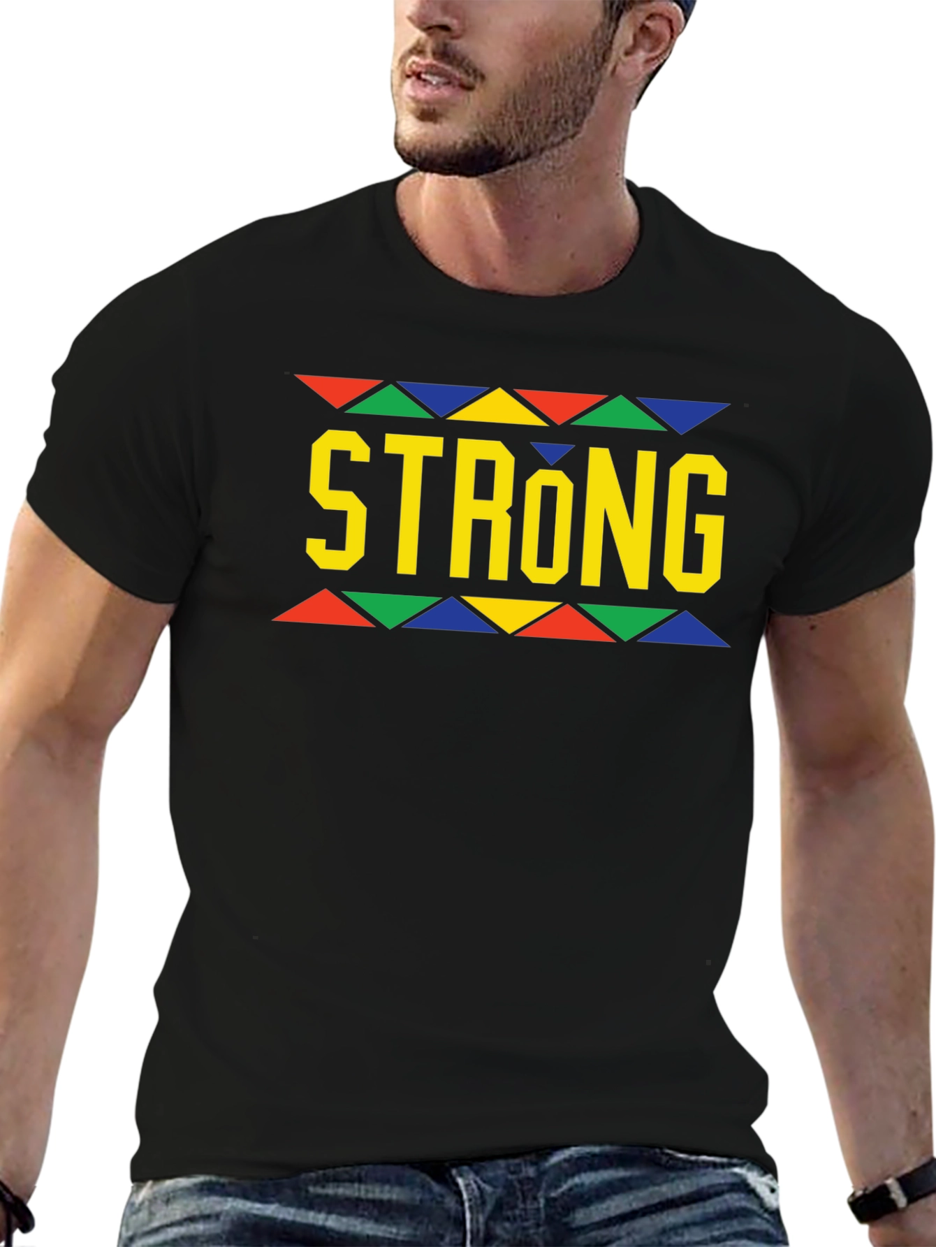 Strong Black T-Shirt with Colorful Geometric Design