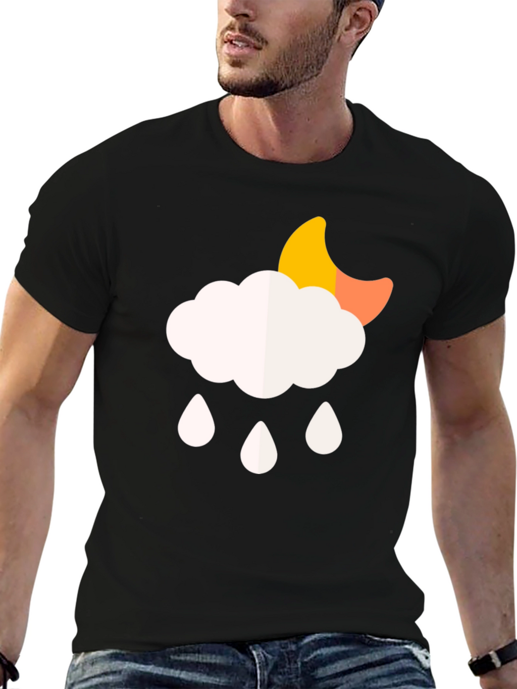 Cloud Rain Moon Graphic T-Shirt - Black