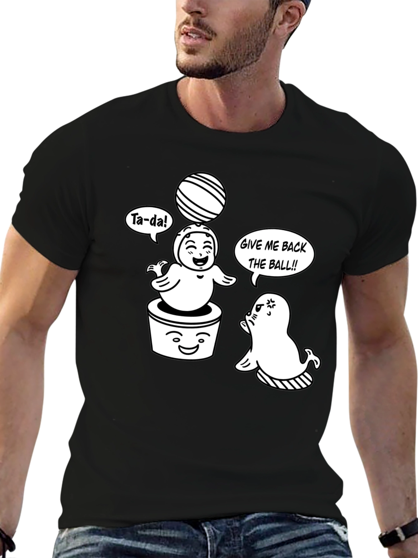 Cute Cartoon Seals Black T-Shirt