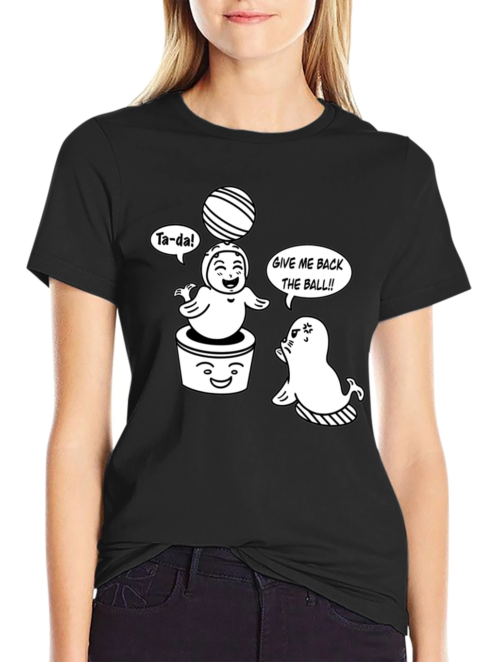 Cute Cartoon Seals Black T-Shirt