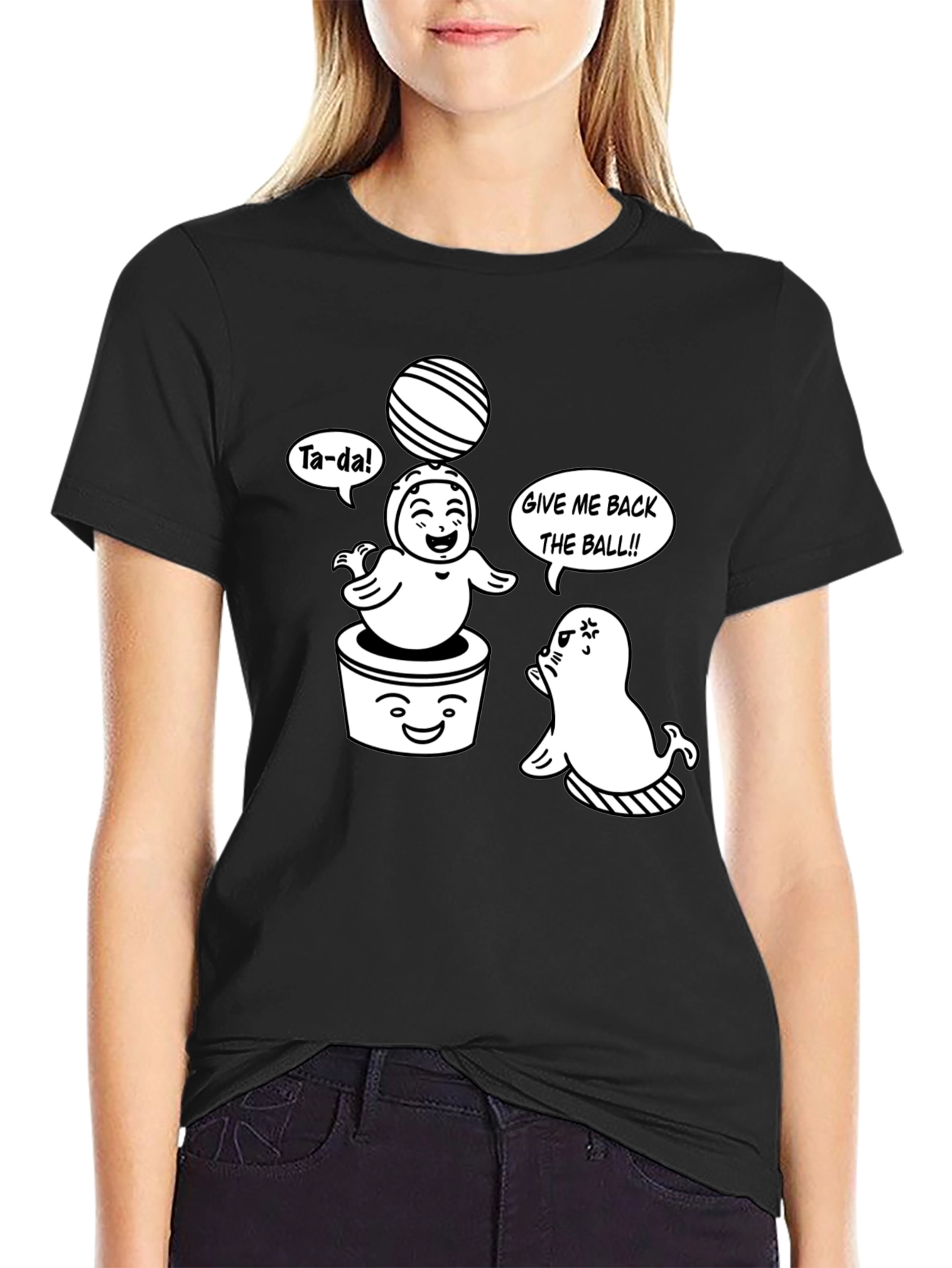 Cute Cartoon Seals Black T-Shirt