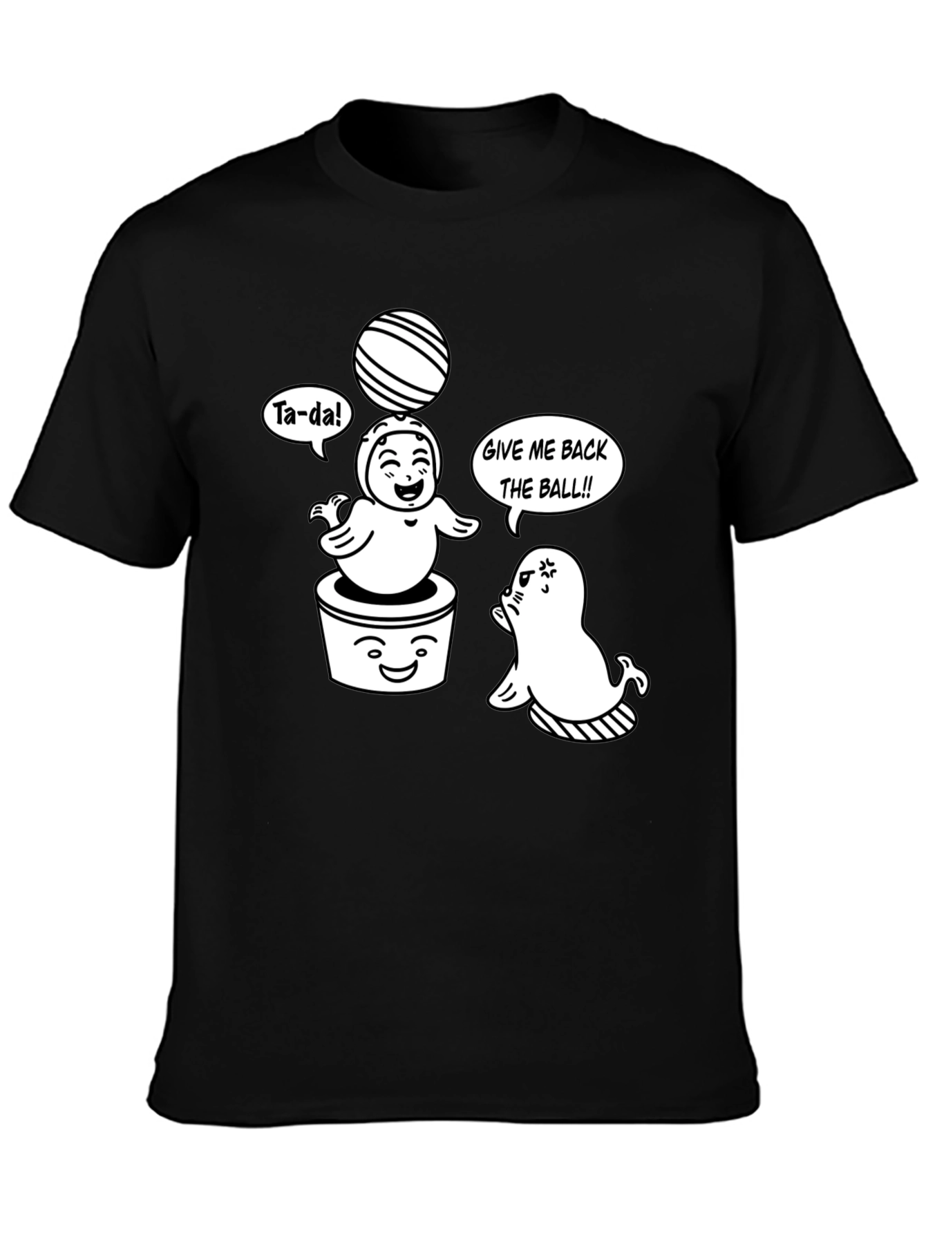 Cute Cartoon Seals Black T-Shirt