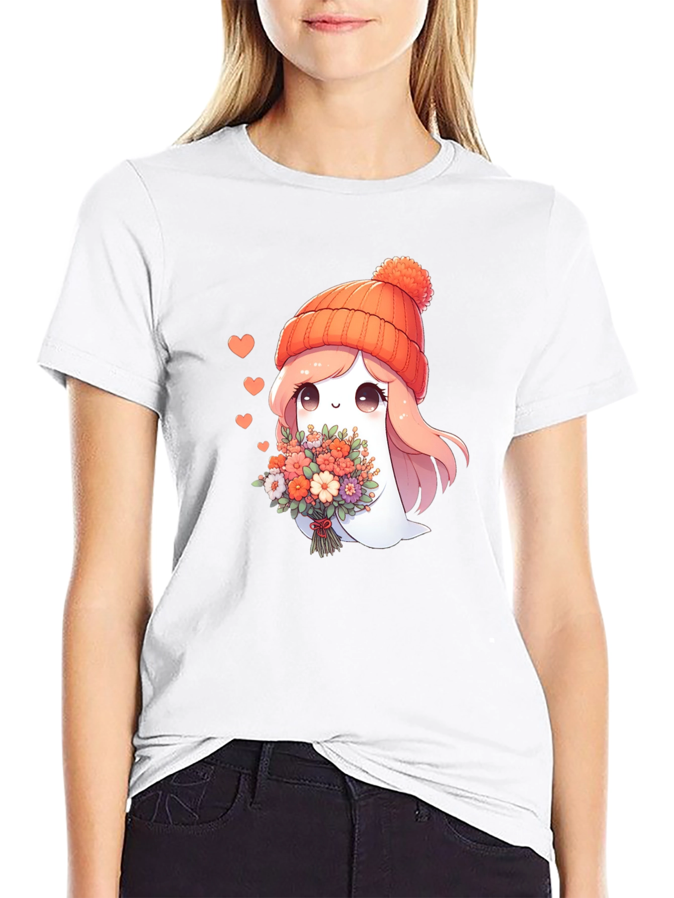 Cute Ghost with Flowers Graphic T-Shirt