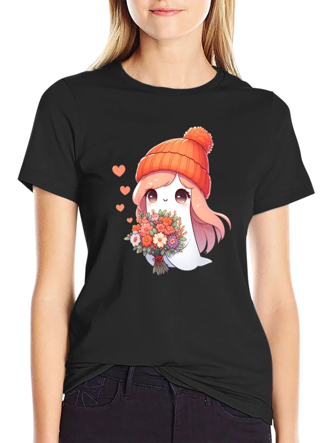 Cute Ghost with Flowers Graphic T-Shirt