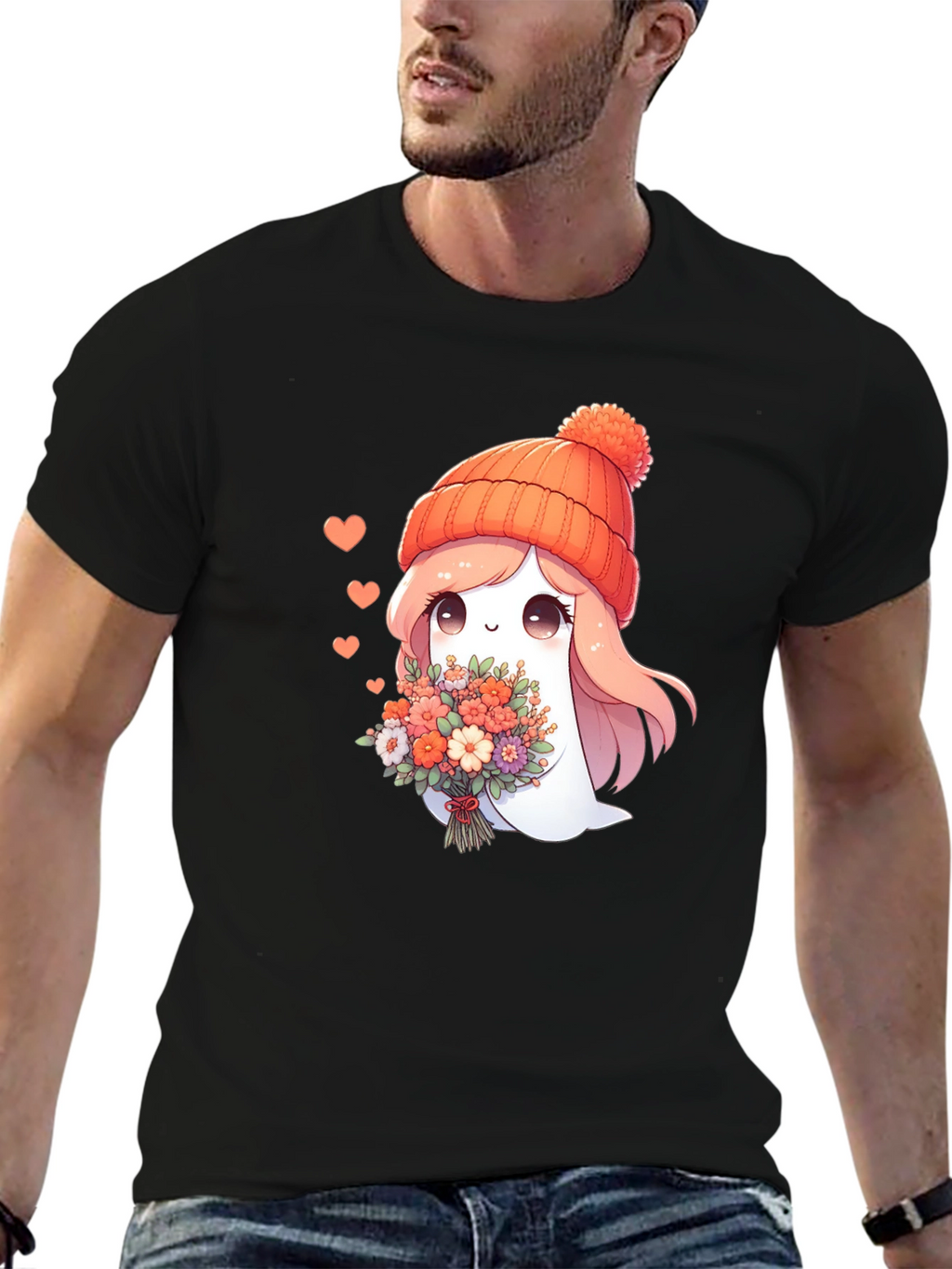 Cute Ghost with Flowers Graphic T-Shirt