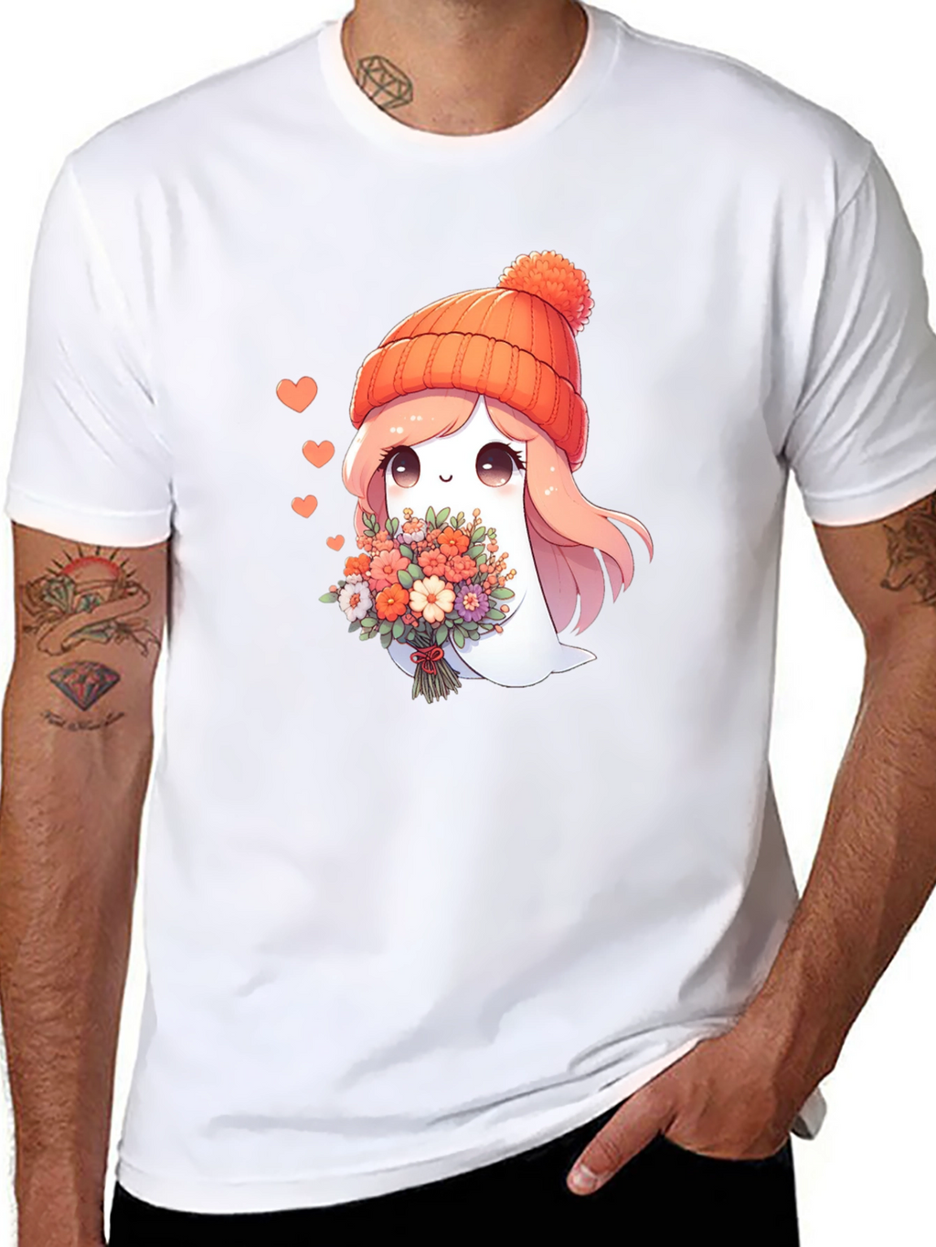 Cute Ghost with Flowers Graphic T-Shirt