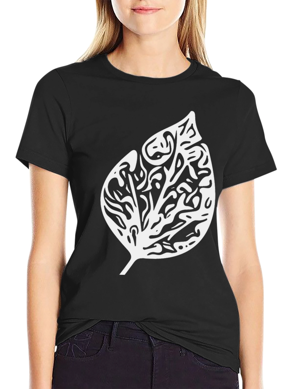 Black T-Shirt with Abstract Leaf Design
