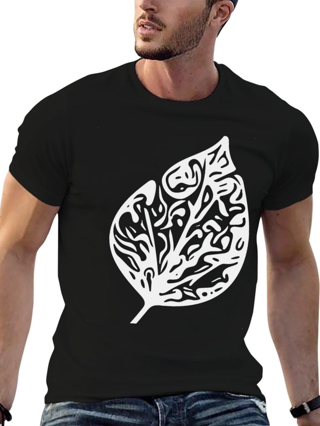 Black T-Shirt with Abstract Leaf Design
